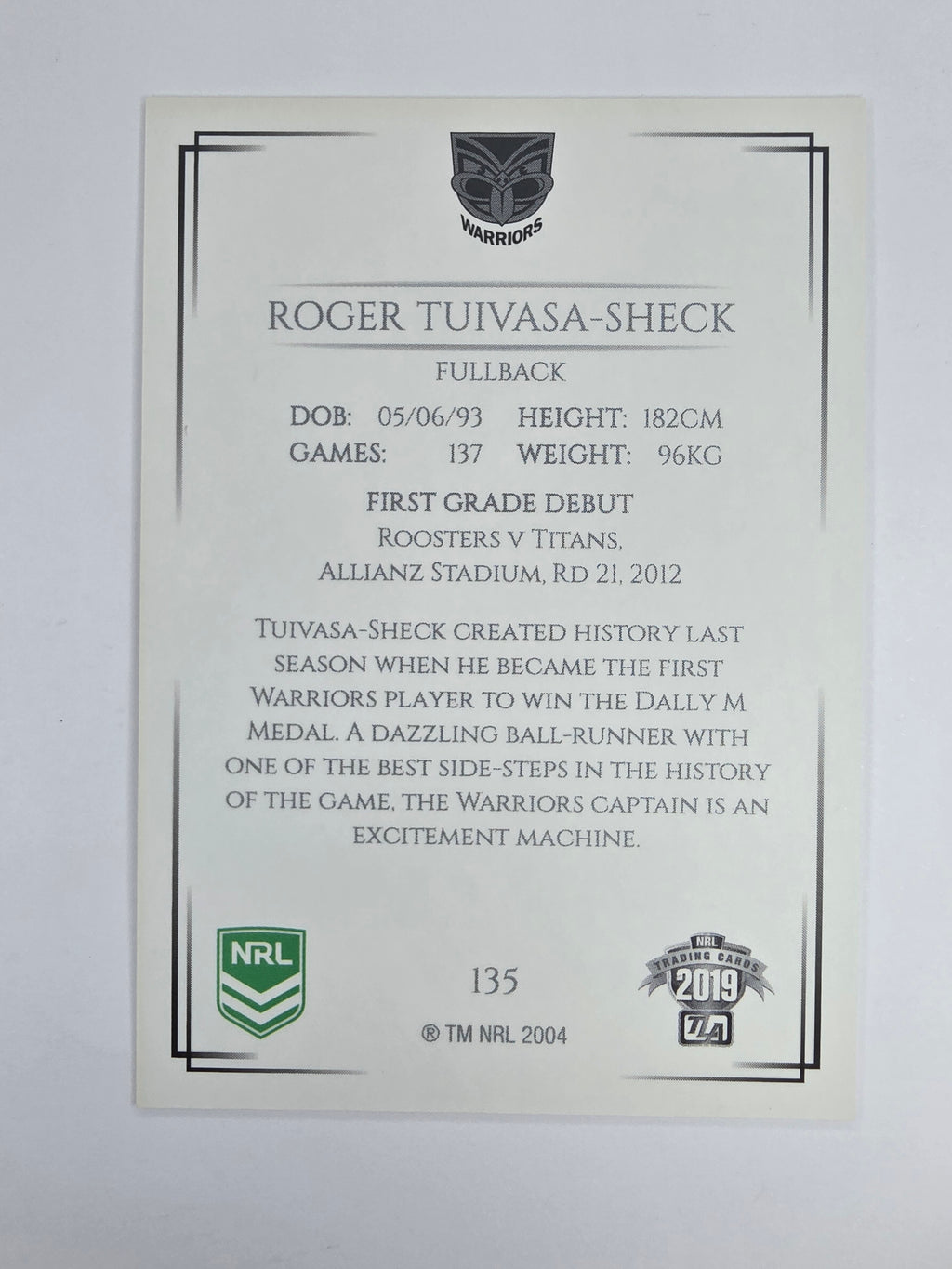 NRL 2019 Elite Base Card #135 Roger Tuivasa-Sheck New Zealand Warriors