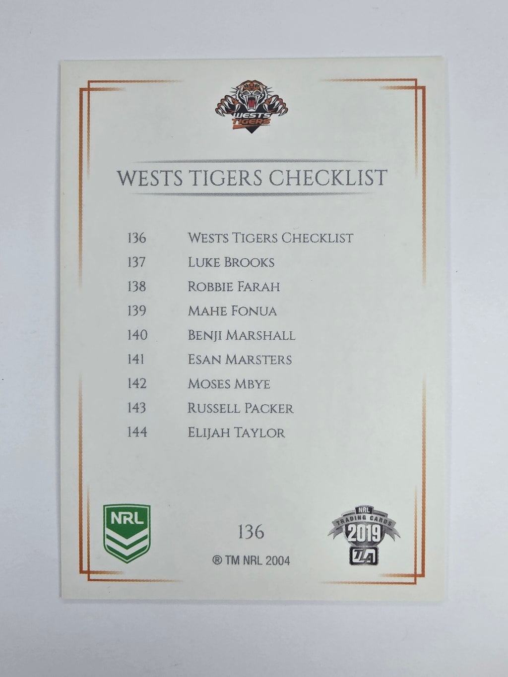 NRL 2019 Elite Base Card #136 Checklist Wests Tigers