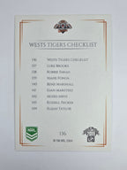NRL 2019 Elite Base Card #136 Checklist Wests Tigers