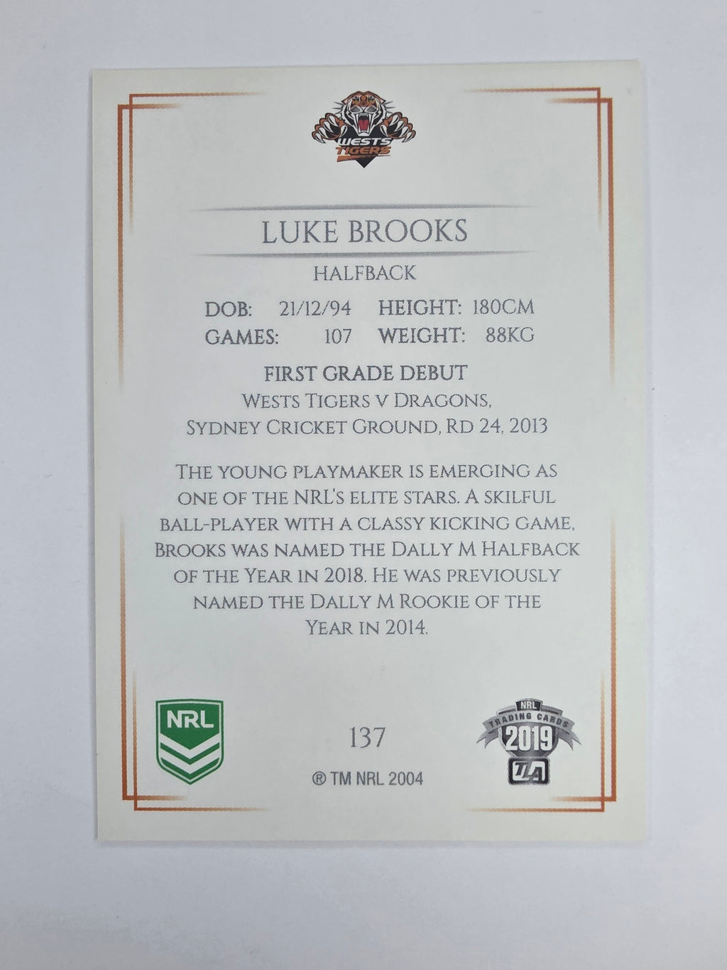 NRL 2019 Elite Base Card #137 Luke Brooks Wests Tigers