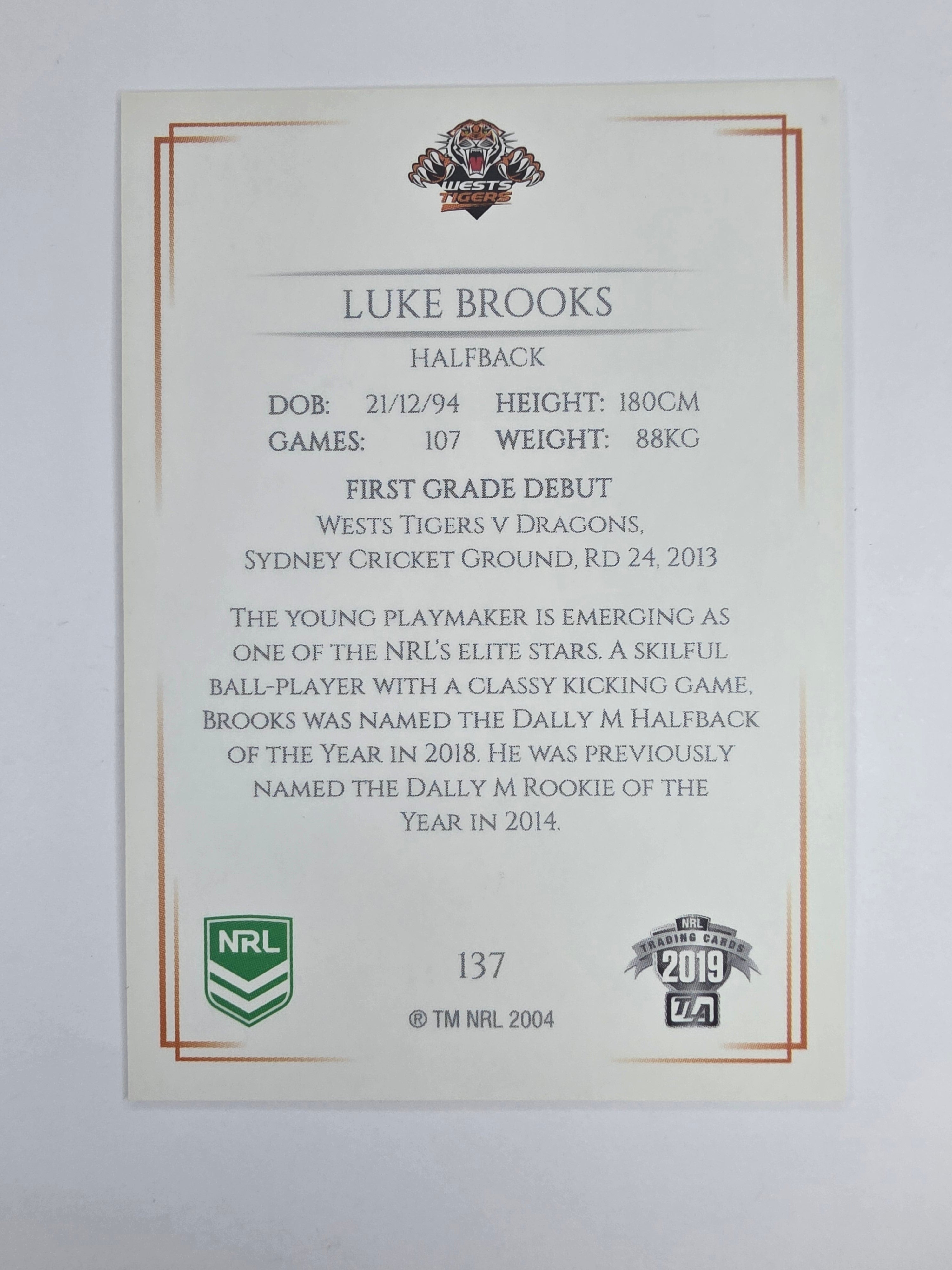NRL 2019 Elite Base Card #137 Luke Brooks Wests Tigers
