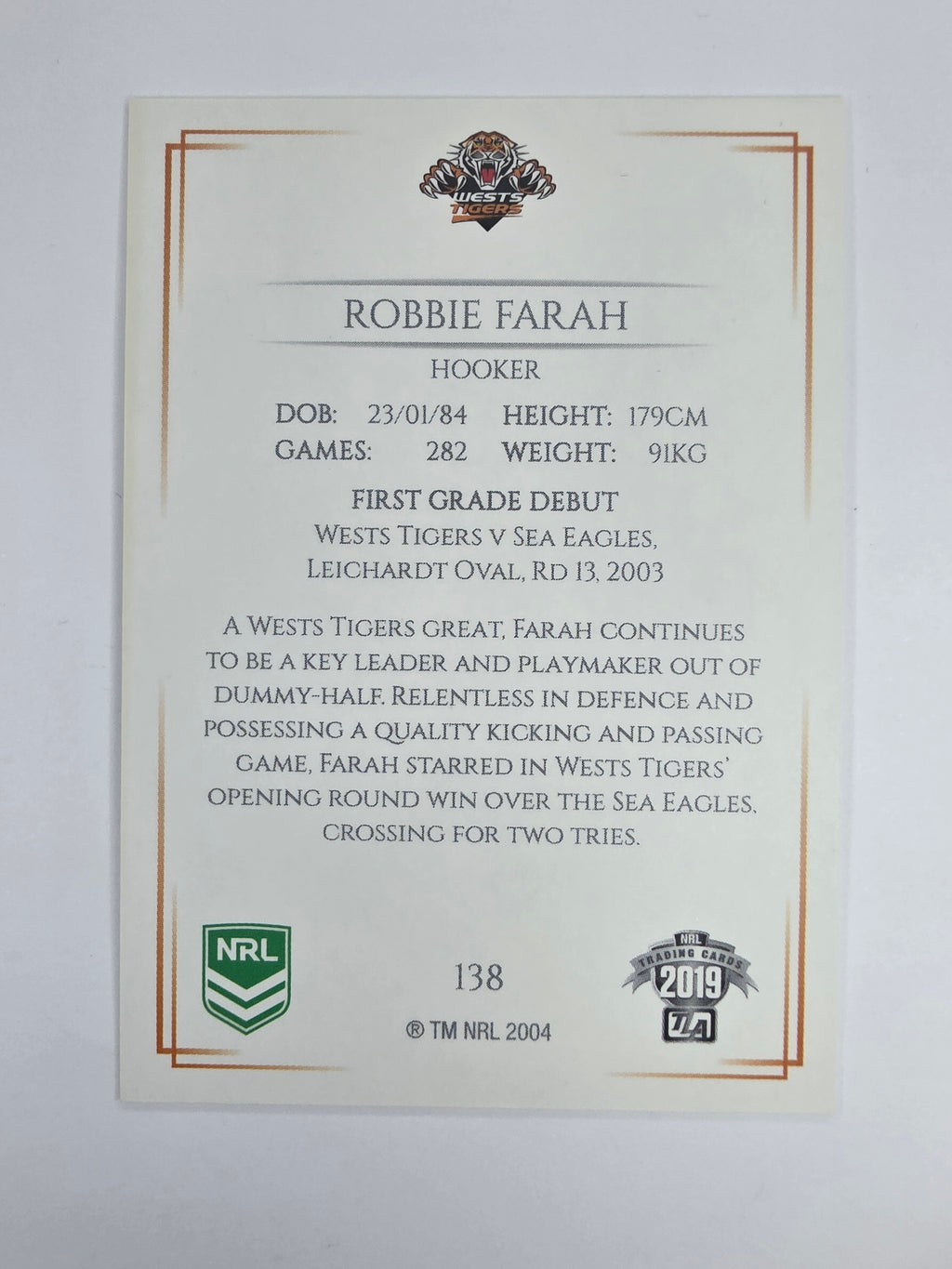 NRL 2019 Elite Base Card #138 Robbie Farah Wests Tigers
