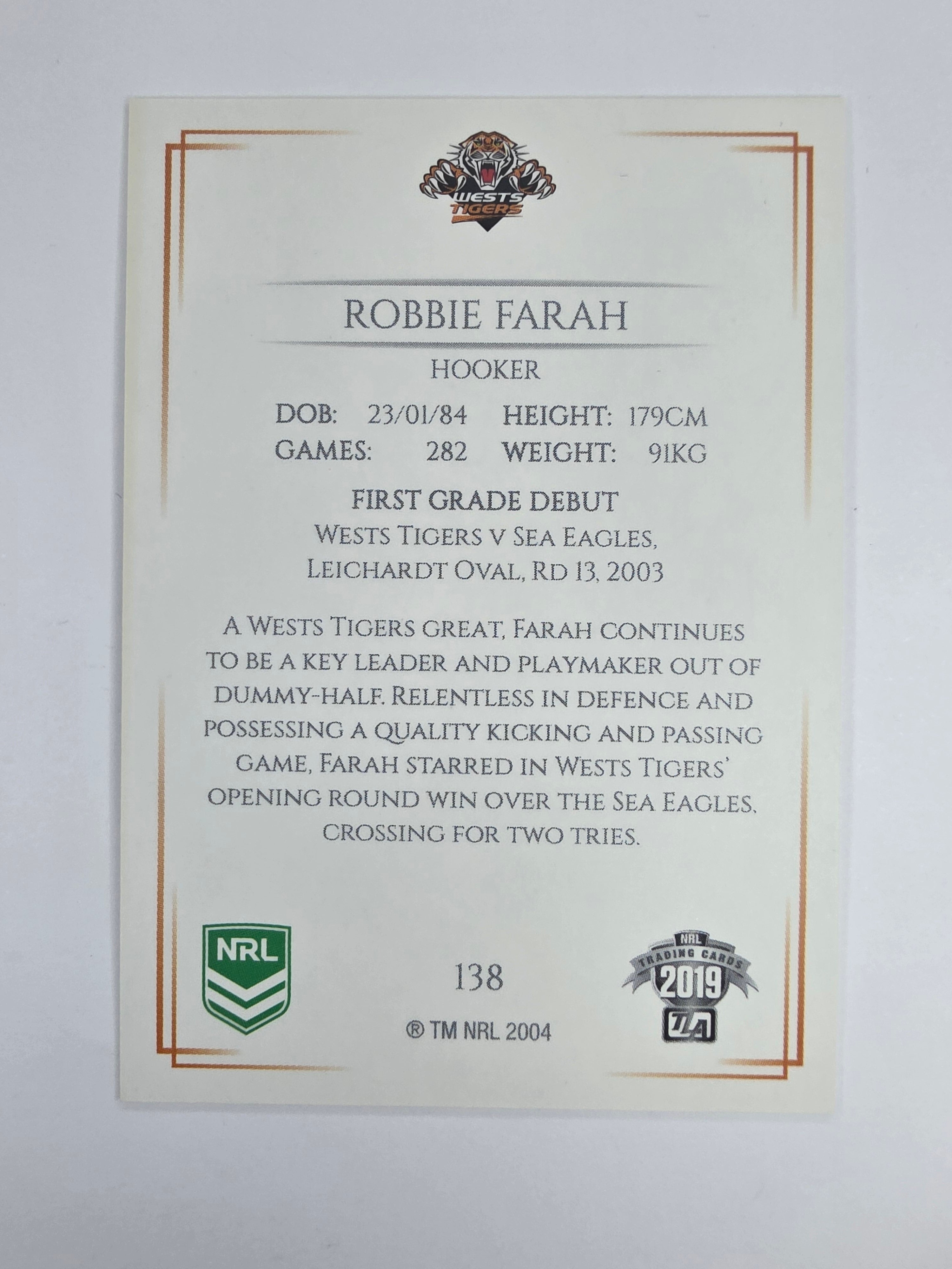 NRL 2019 Elite Base Card #138 Robbie Farah Wests Tigers