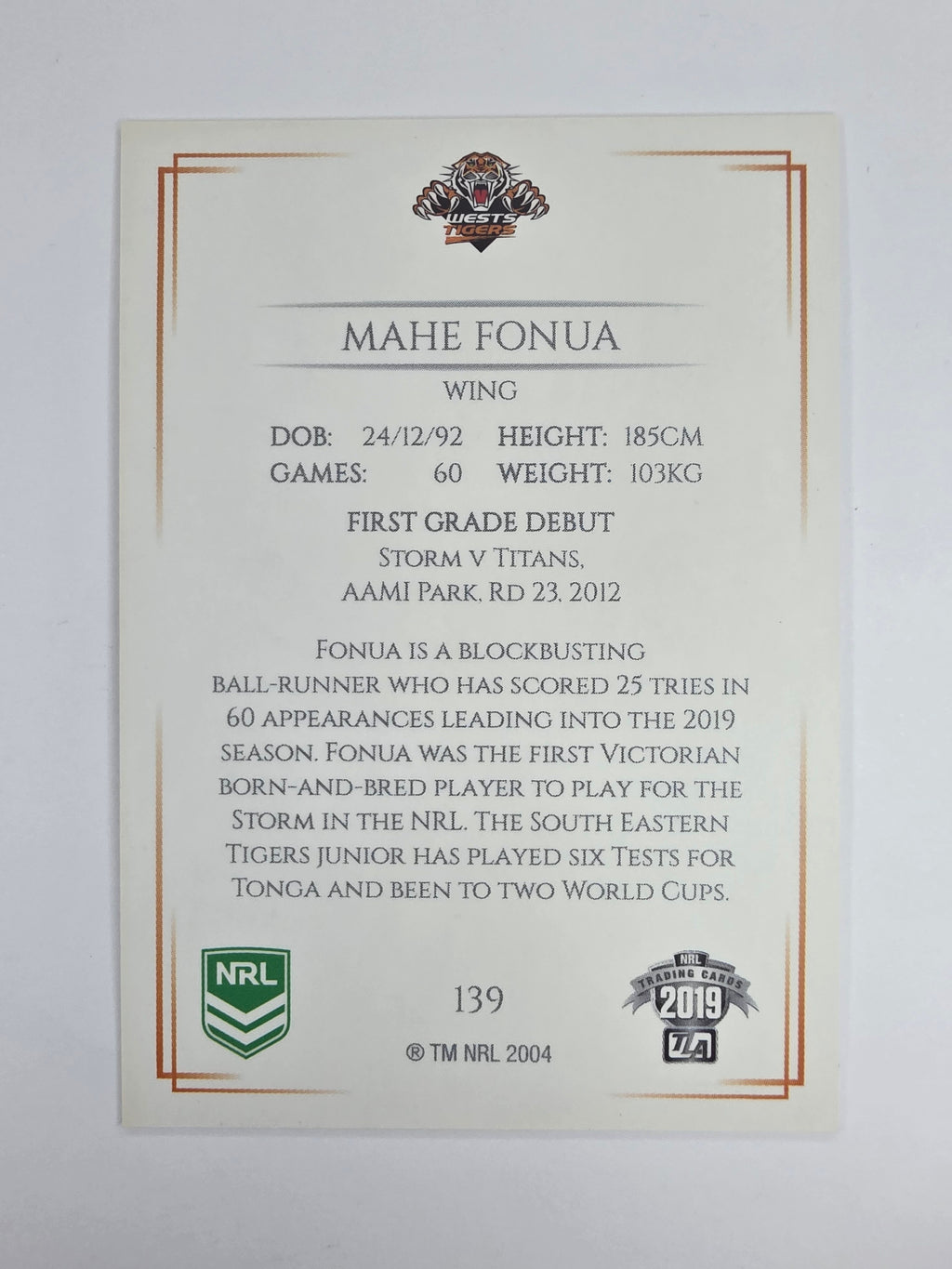 NRL 2019 Elite Base Card #139 Mahe Fonua Wests Tigers