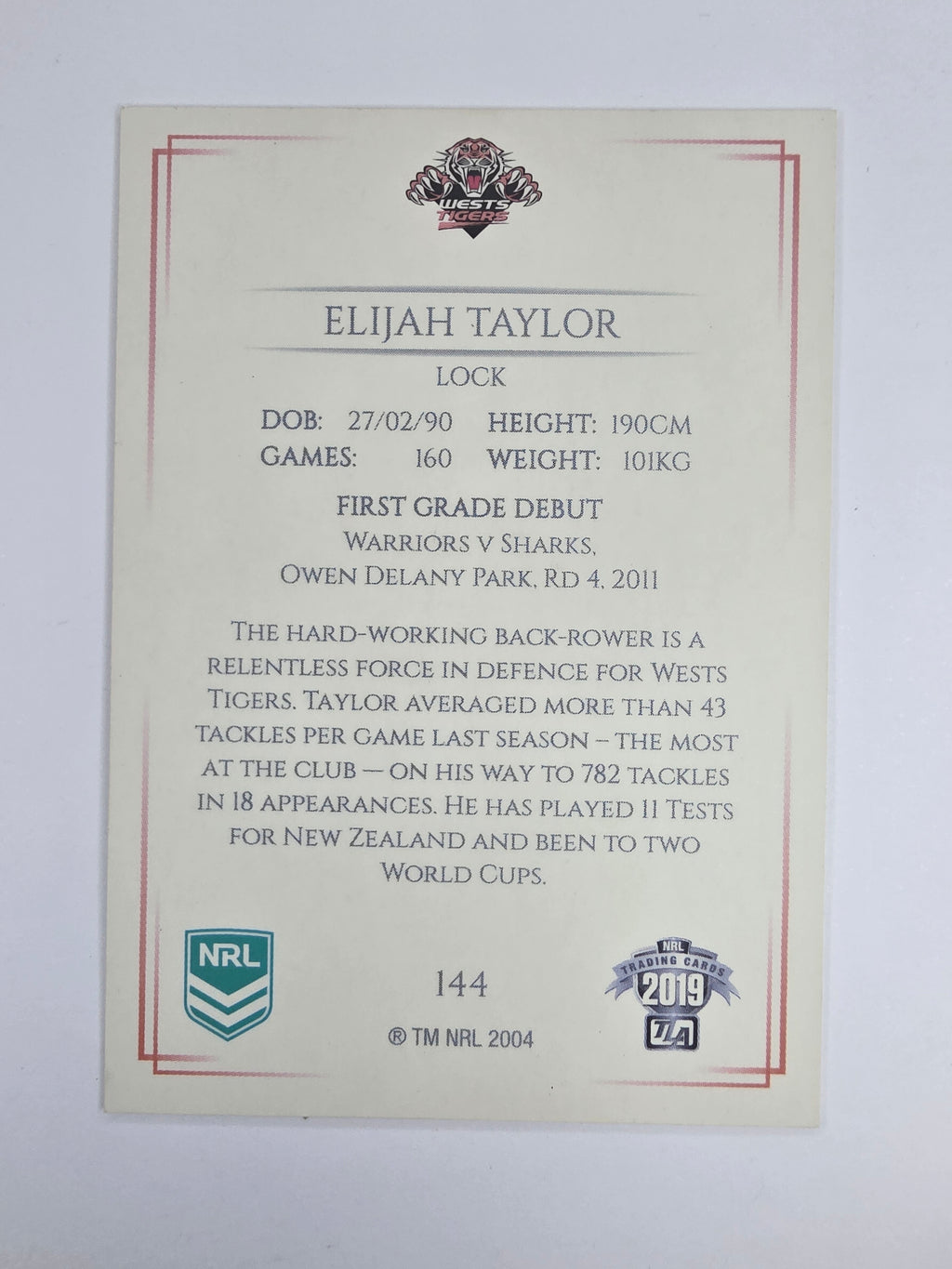 NRL 2019 Elite Base Card #144 Elijah Taylor Wests Tigers