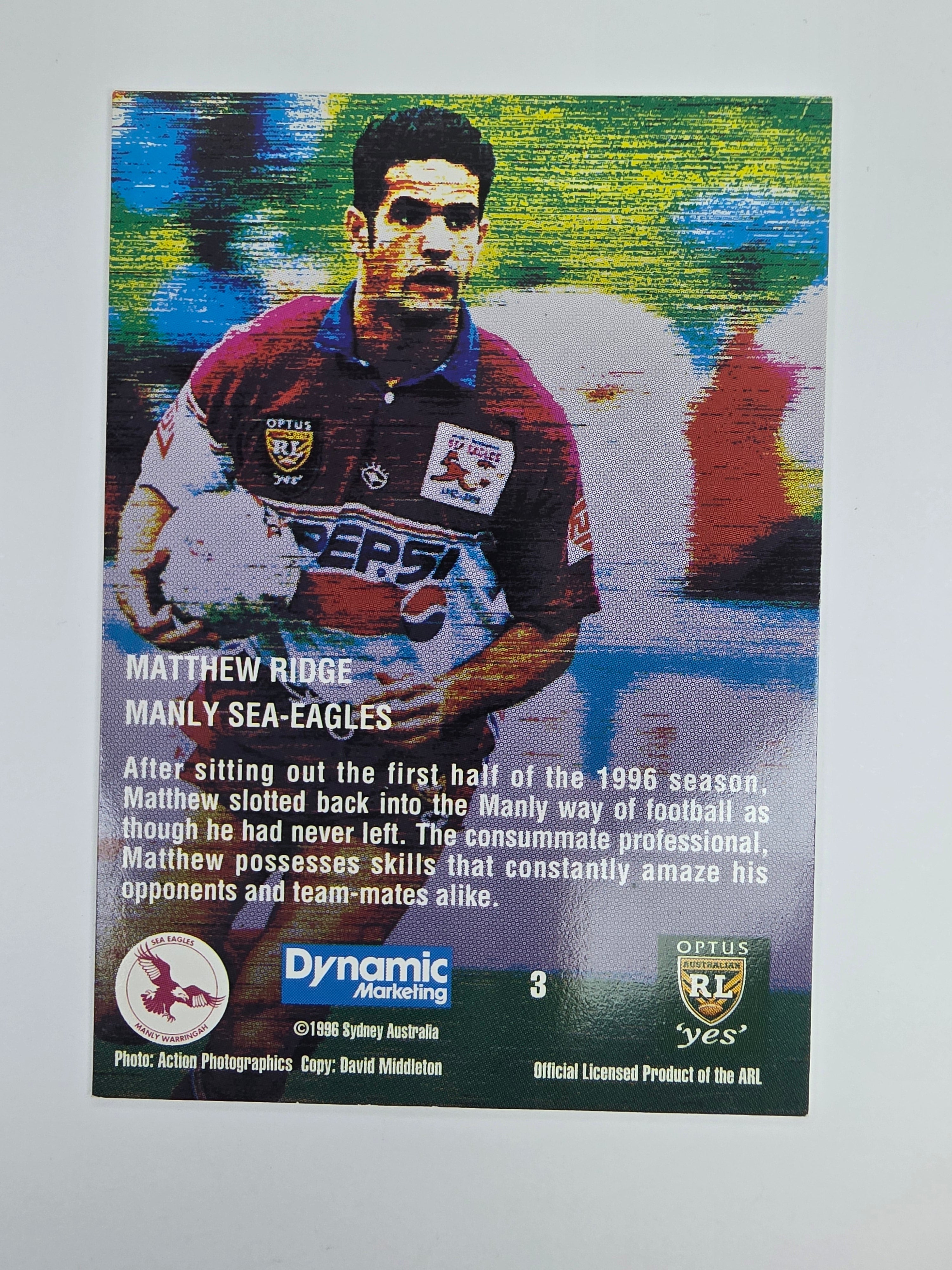 1996 Dynamic Signature Gold #3 Matthew Ridge Manly Warringah Sea Eagles