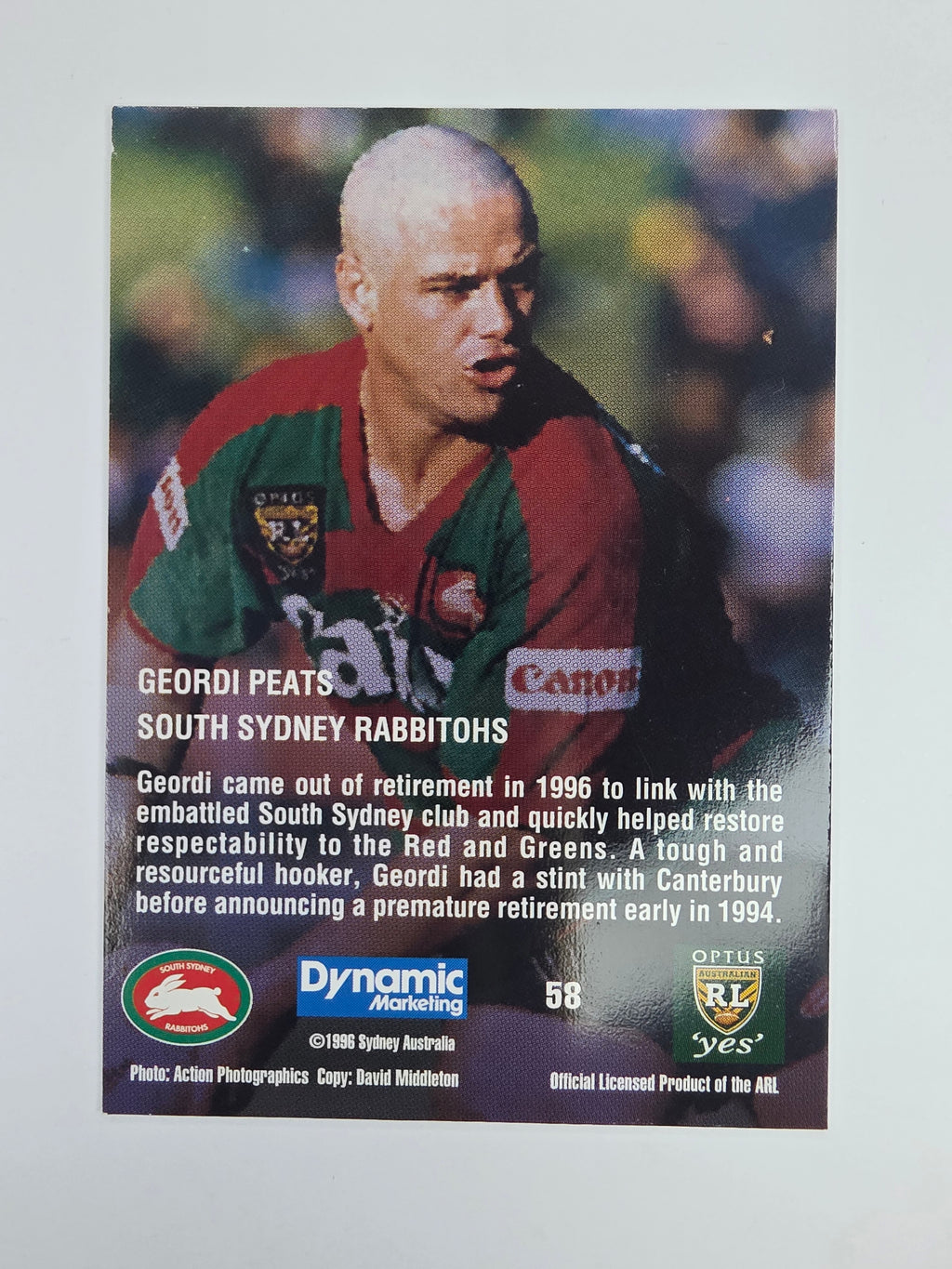 1996 Dynamic Signature Gold #58 Geordi Peats South Sydney Rabbitohs