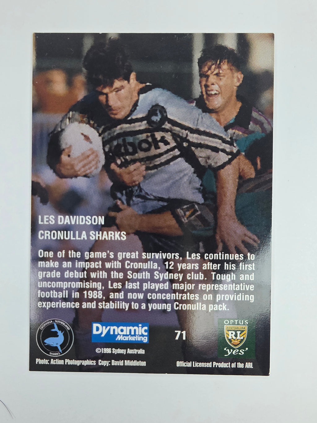1996 Dynamic Signature Gold #71 Les Davidson Cronulla Sutherland Sharks