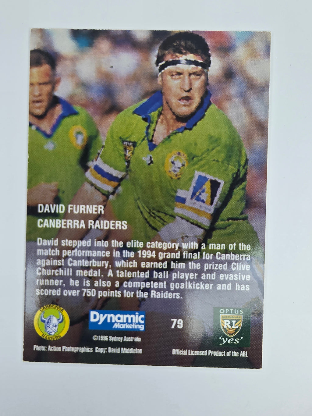 1996 Dynamic Signature Gold #79 David Furner Canberra Raiders