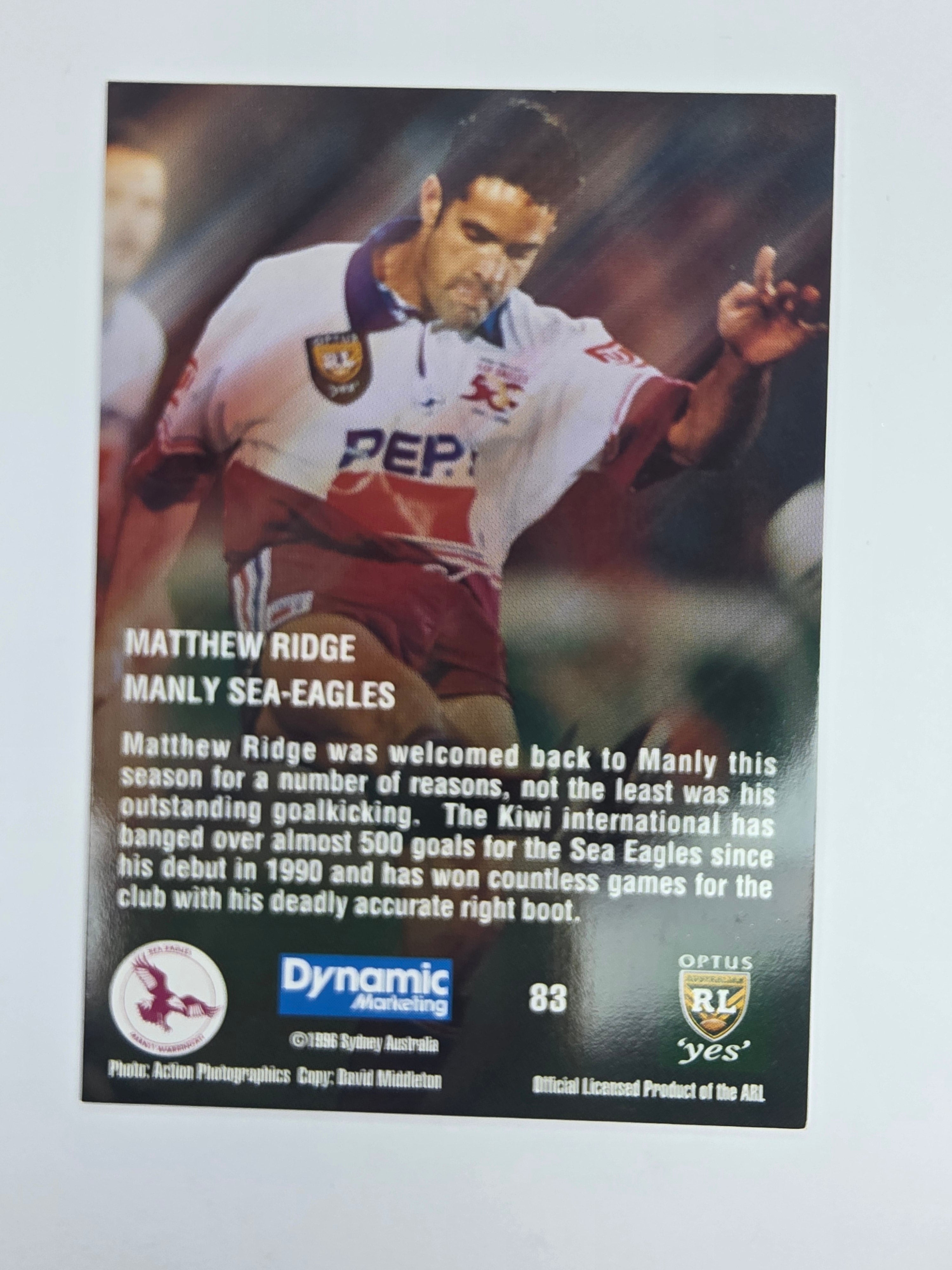 1996 Dynamic Signature Gold #83 Matthew Ridge Manly Warringah Sea Eagles