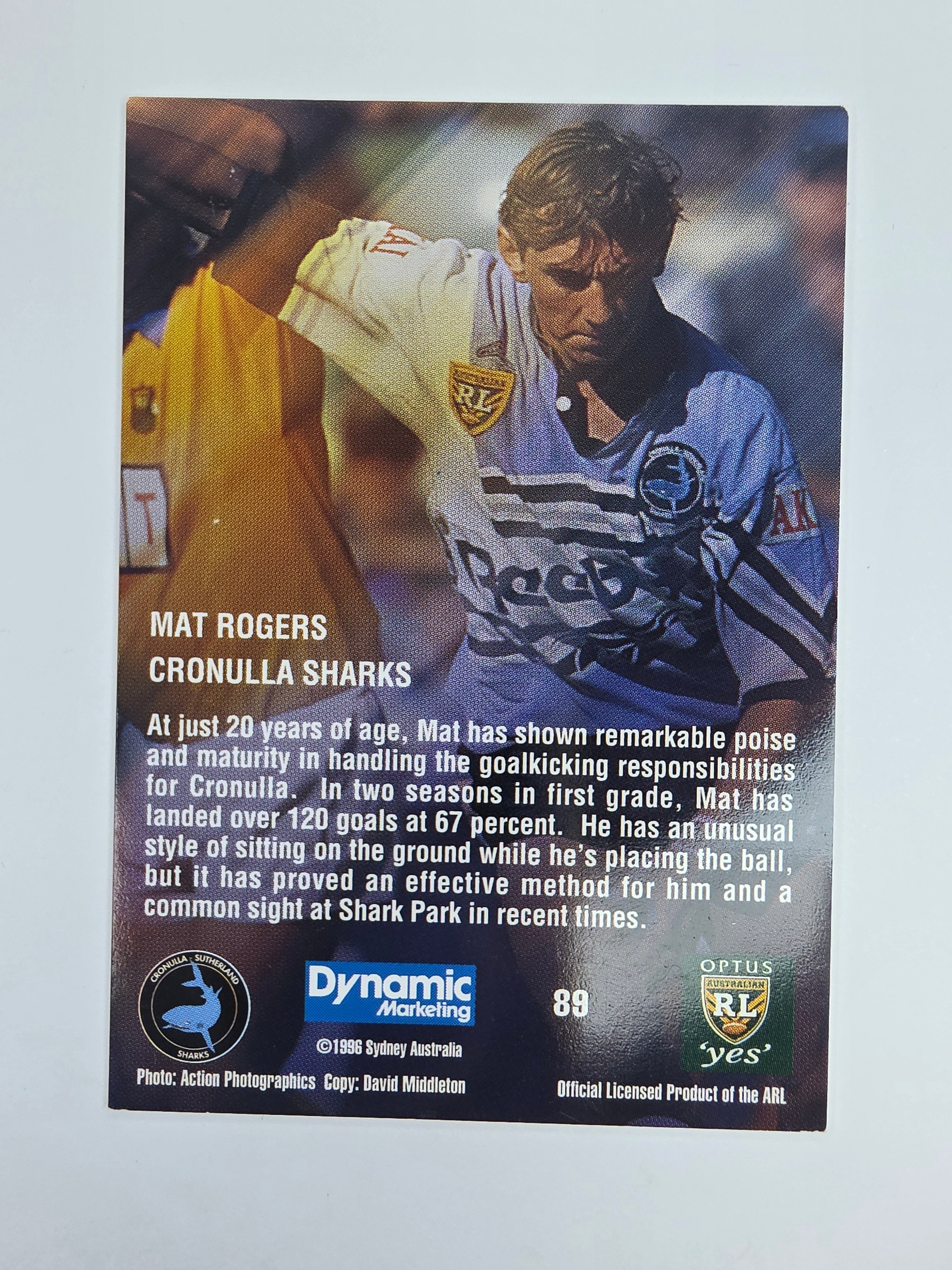 1996 Dynamic Signature Gold #89 Mat Rogers Cronulla Sutherland Sharks
