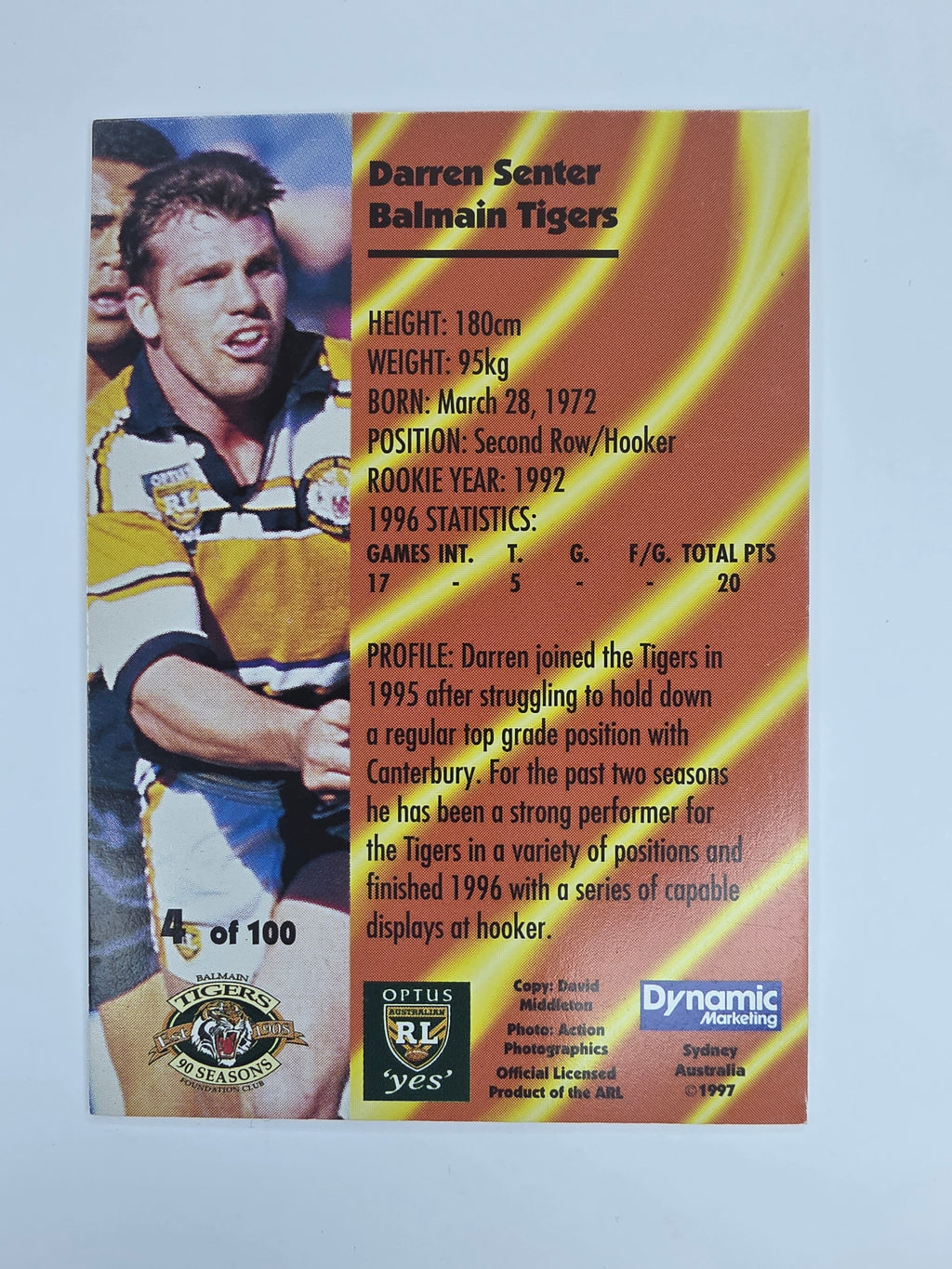 1997 Dynamic Fatty  Fun Pack Base Card #4 Darren Senter Balmain Tigers