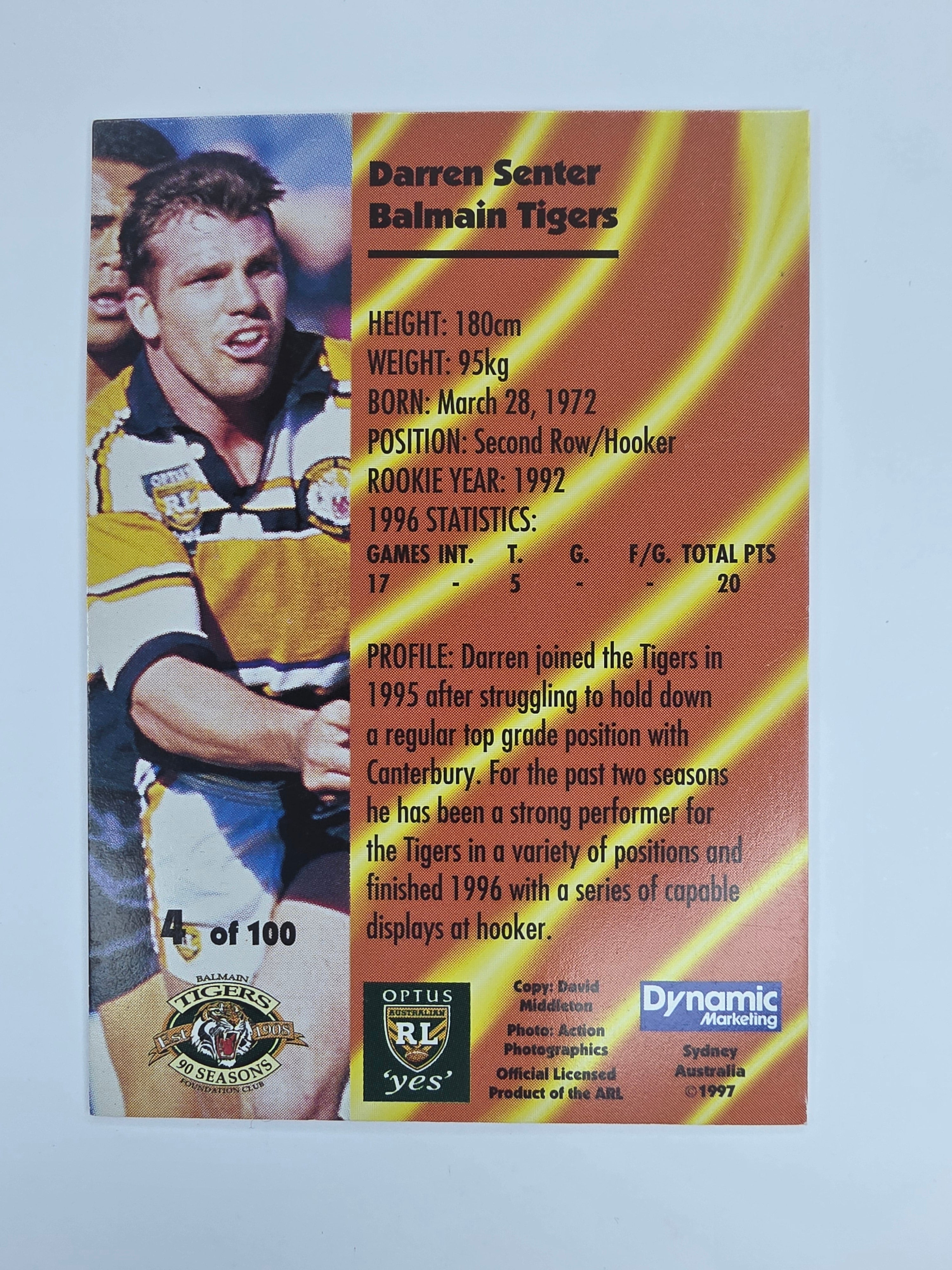 1997 Dynamic Fatty  Fun Pack Base Card #4 Darren Senter Balmain Tigers