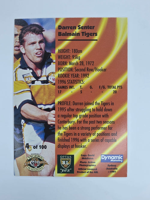1997 Dynamic Fatty  Fun Pack Base Card #4 Darren Senter Balmain Tigers