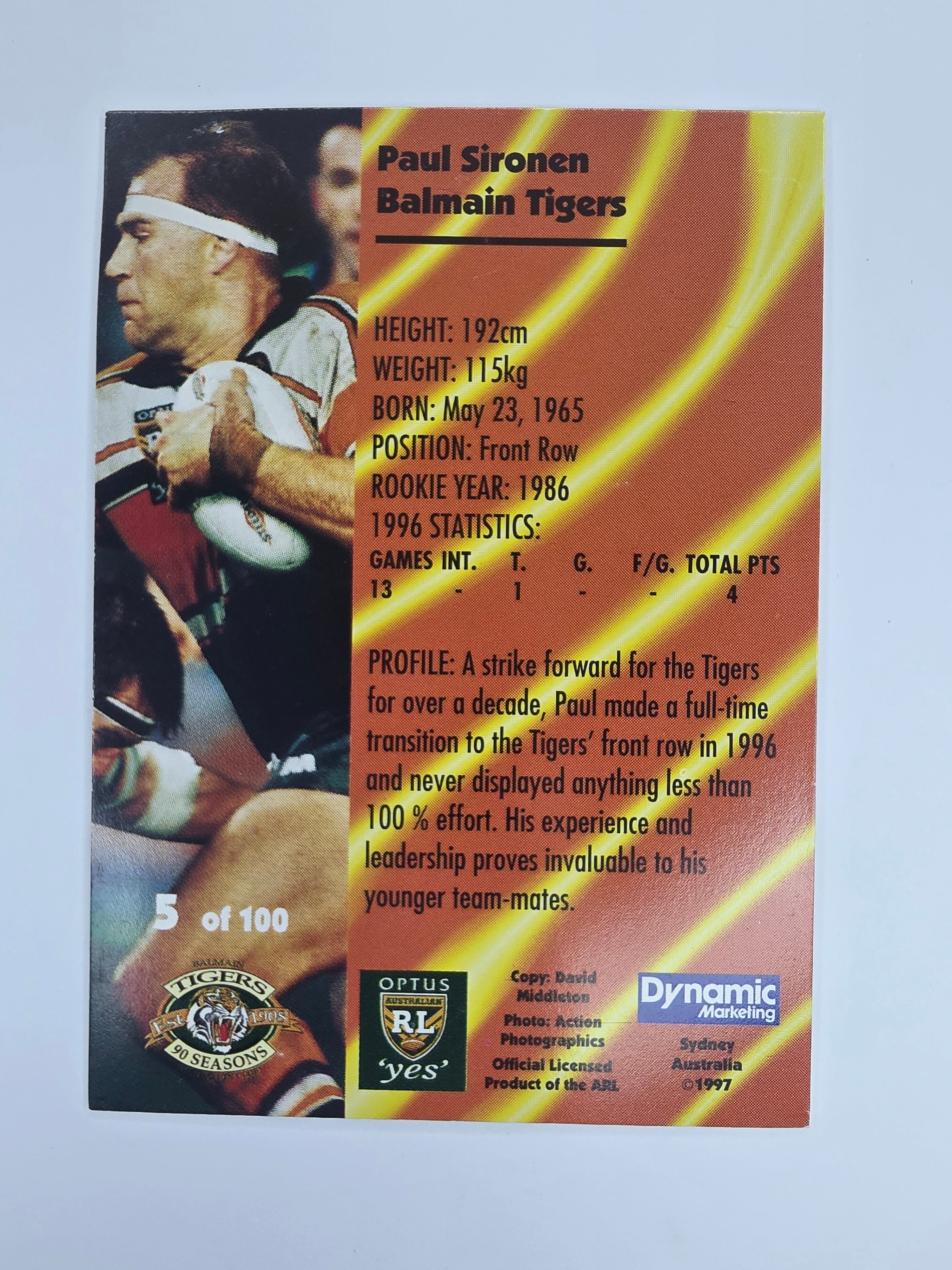 1997 Dynamic Fatty  Fun Pack Base Card #5 Paul Sironen Balmain Tigers