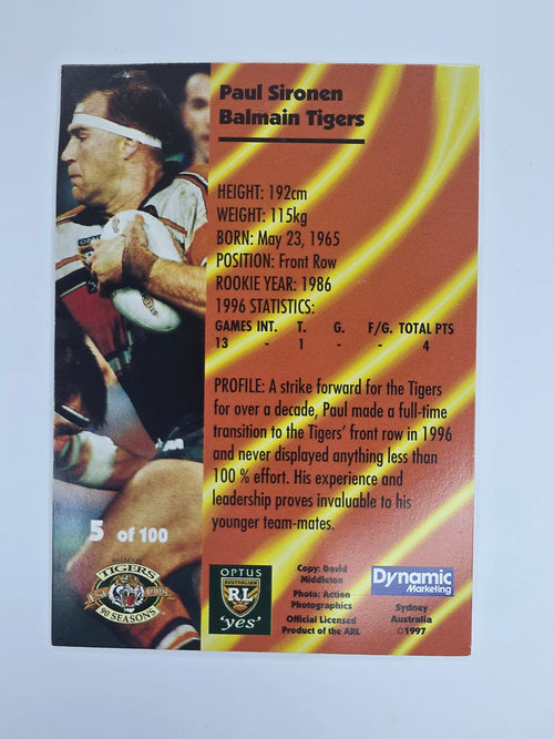 1997 Dynamic Fatty  Fun Pack Base Card #5 Paul Sironen Balmain Tigers