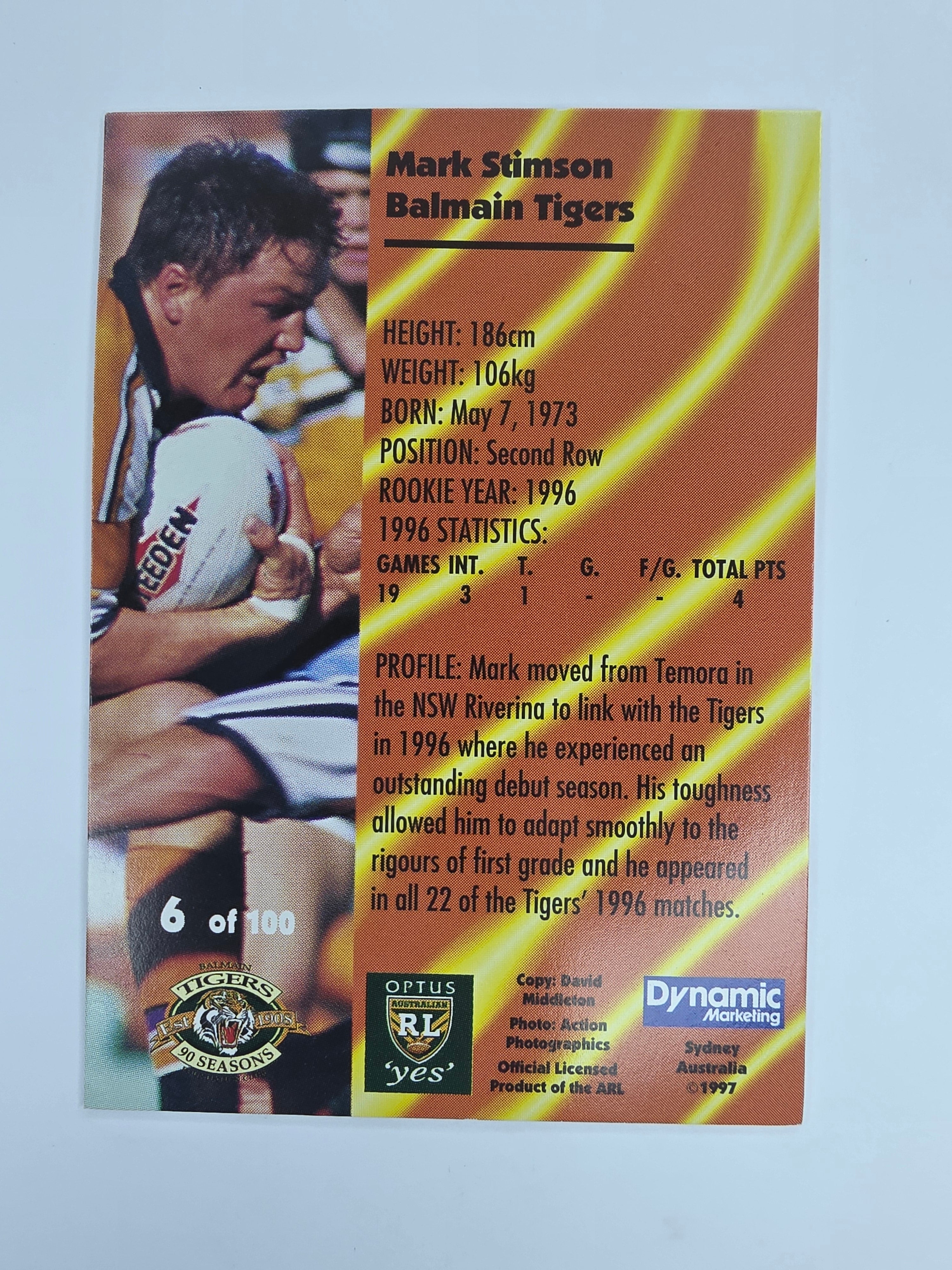 1997 Dynamic Fatty  Fun Pack Base Card #6 Mark Stimson Balmain Tigers