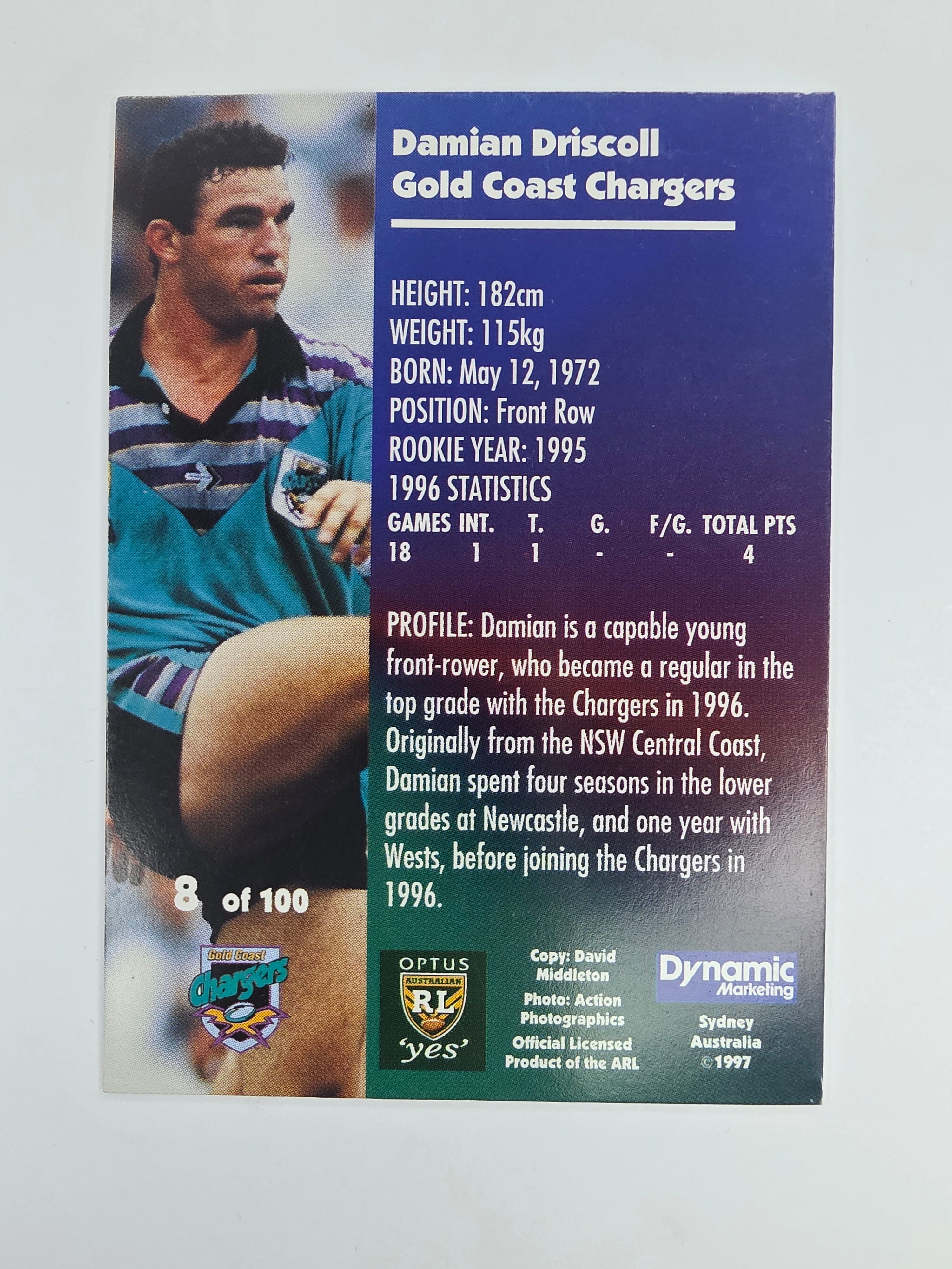 1997 Dynamic Fatty  Fun Pack Base Card #8 Damien Driscoll Gold Coast Chargers