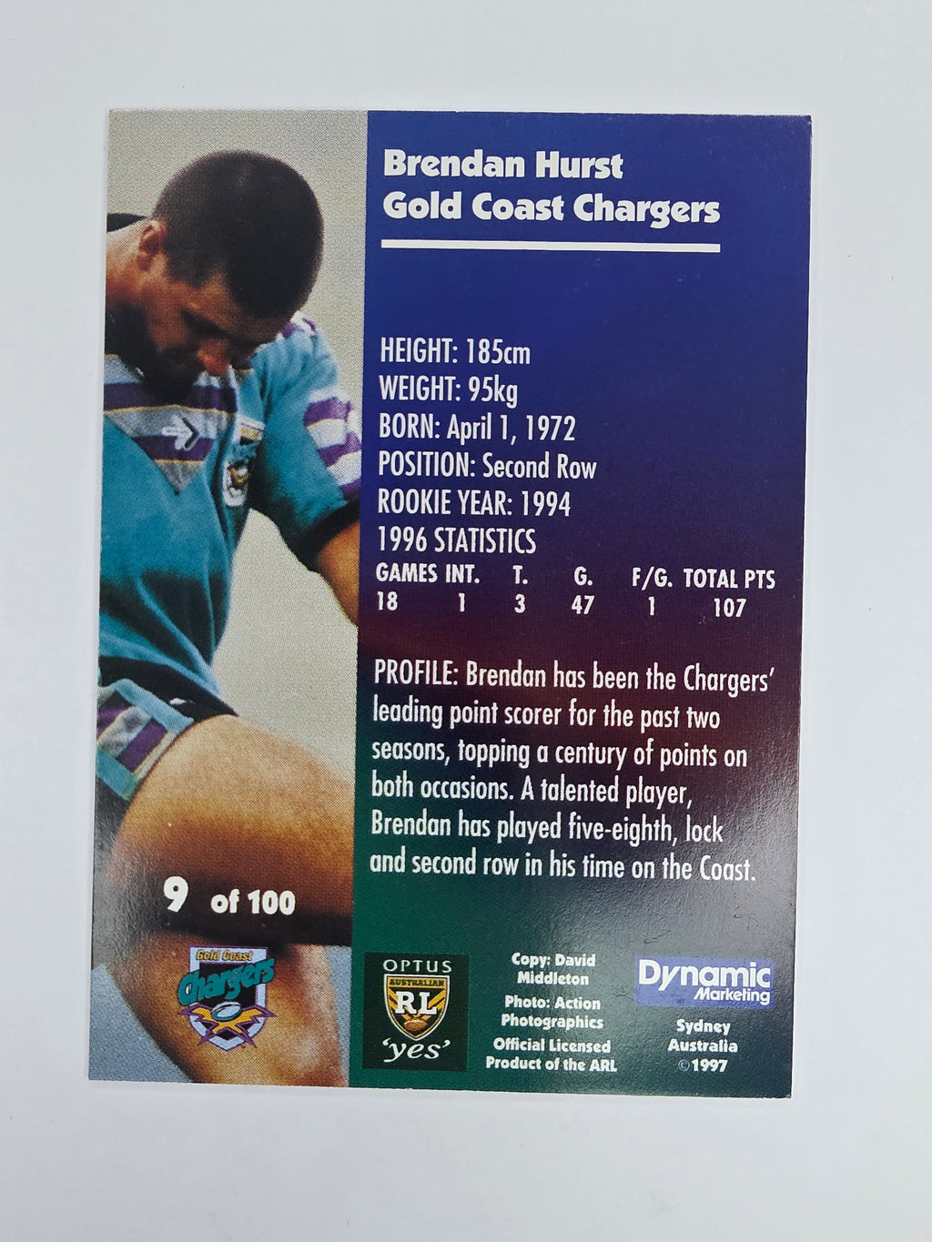 1997 Dynamic Fatty  Fun Pack Base Card #9 Brendon Hurst Gold Coast Chargers