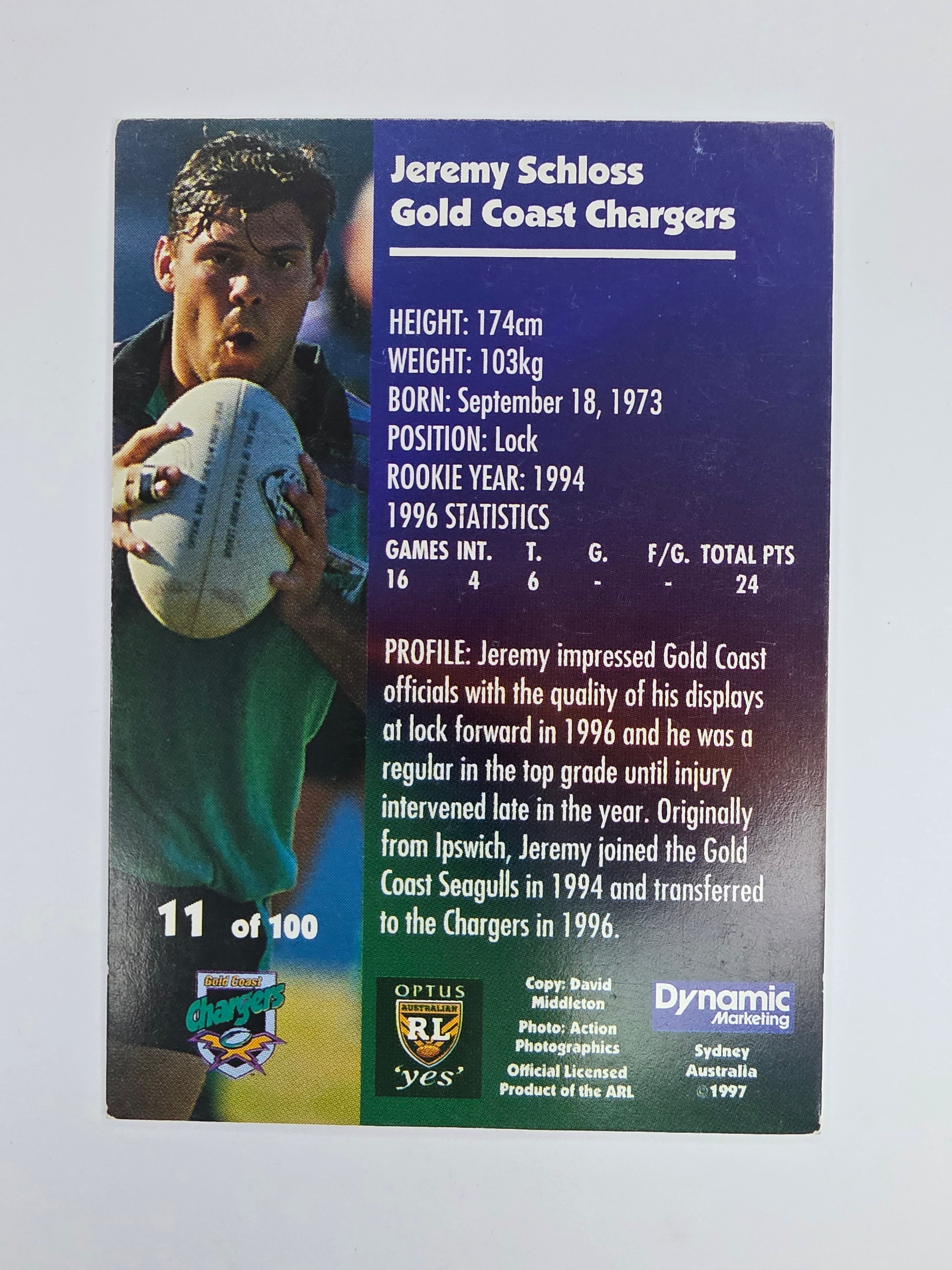 1997 Dynamic Fatty  Fun Pack Base Card #11 Jeremy Schloss Gold Coast Chargers