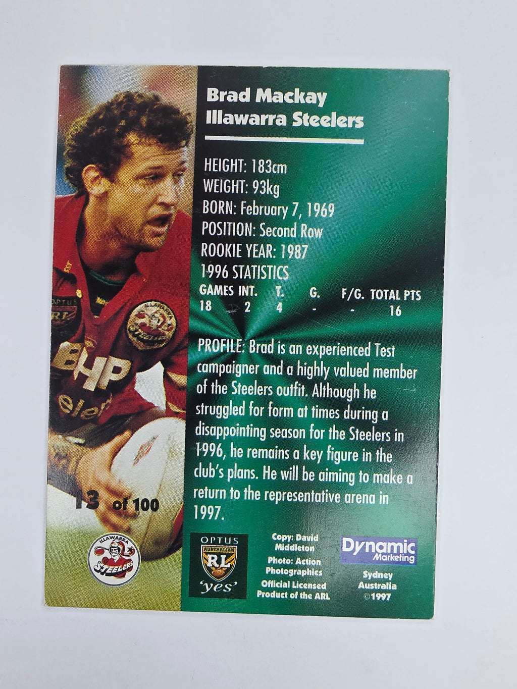 1997 Dynamic Fatty  Fun Pack Base Card #13 Brad Mackay Illawarra Steelers