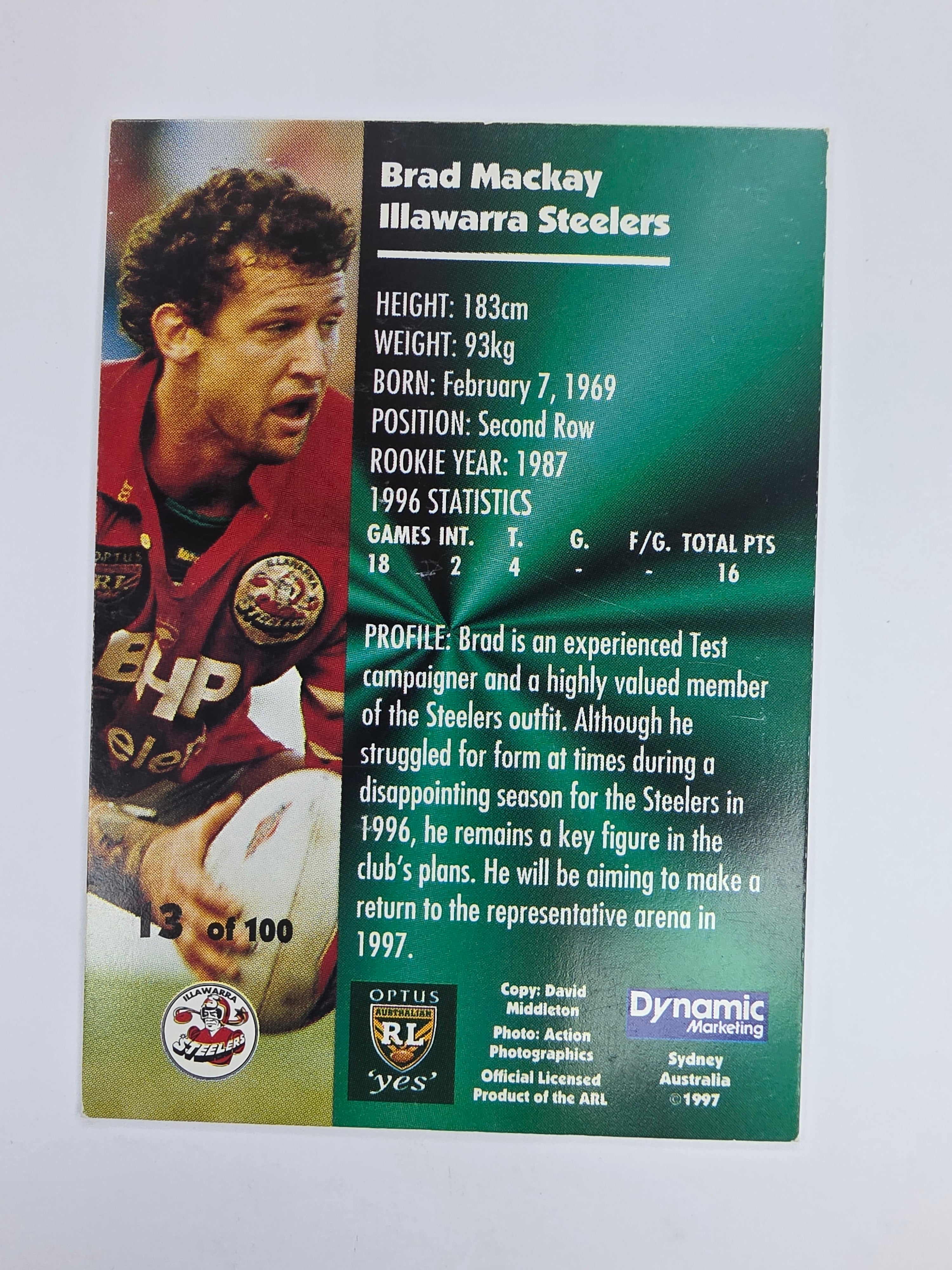 1997 Dynamic Fatty  Fun Pack Base Card #13 Brad Mackay Illawarra Steelers