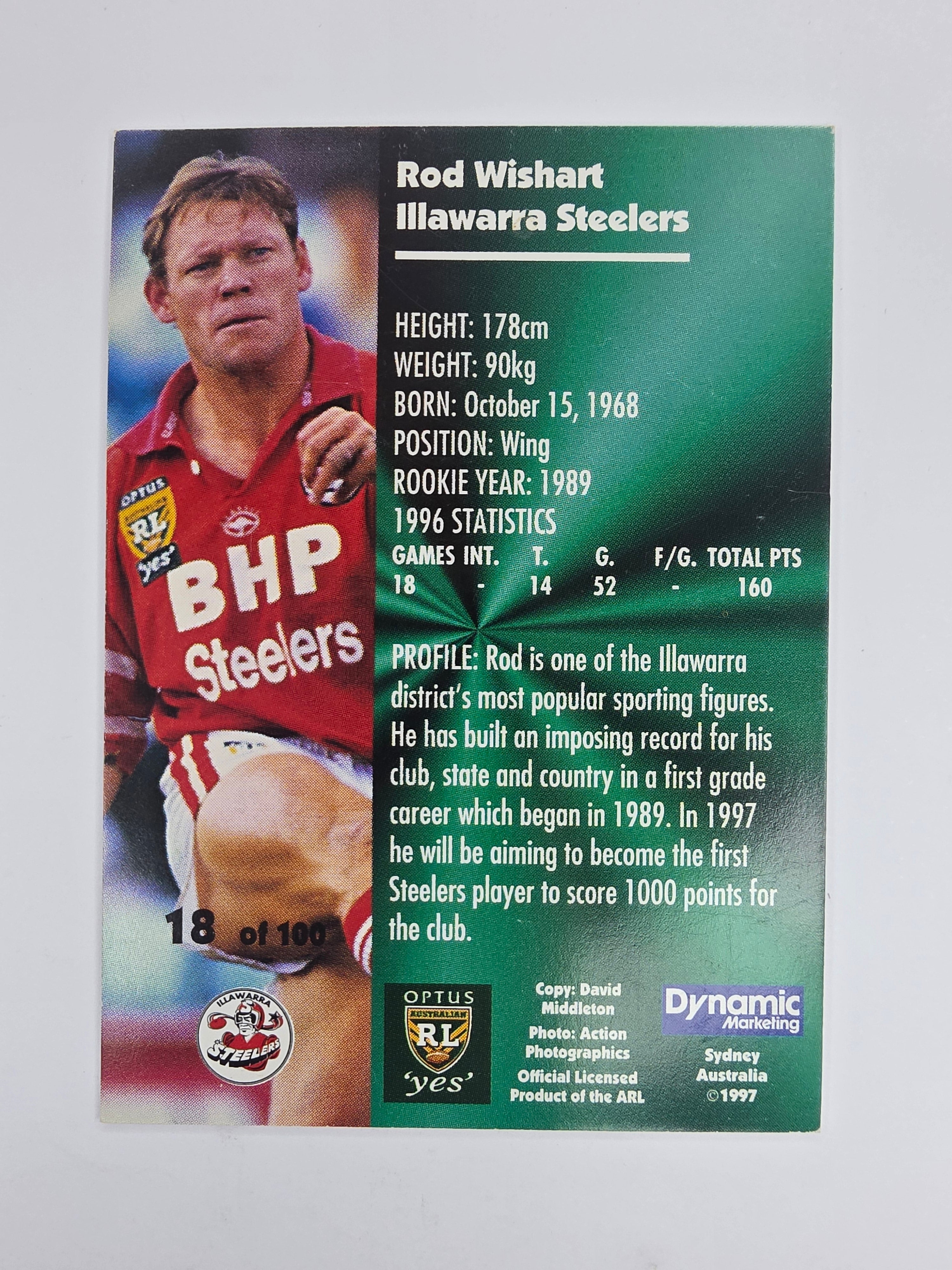 1997 Dynamic Fatty  Fun Pack Base Card #18 Rod Wishart Illawarra Steelers
