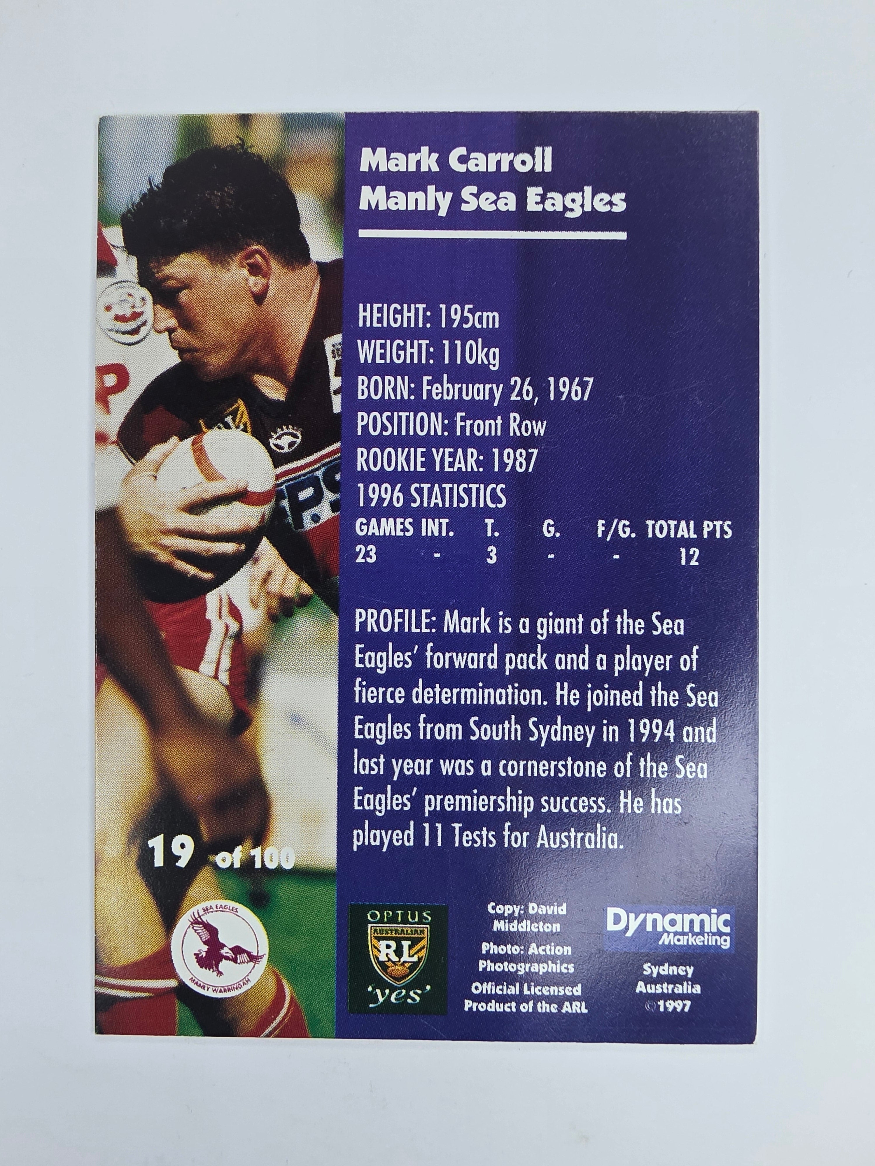 1997 Dynamic Fatty  Fun Pack Base Card #19 Mark Carroll Manly Warringah Sea Eagles