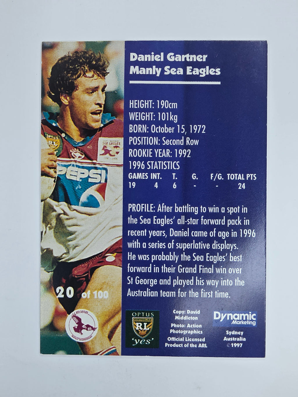 1997 Dynamic Fatty  Fun Pack Base Card #20 Daniel Gartner Manly Warringah Sea Eagles