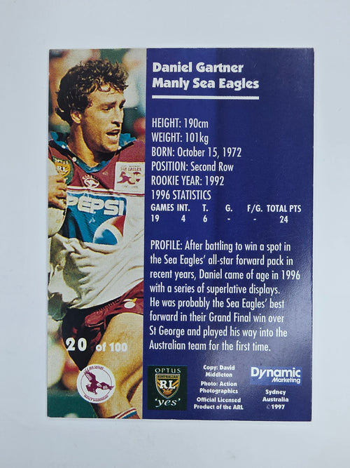 1997 Dynamic Fatty  Fun Pack Base Card #20 Daniel Gartner Manly Warringah Sea Eagles