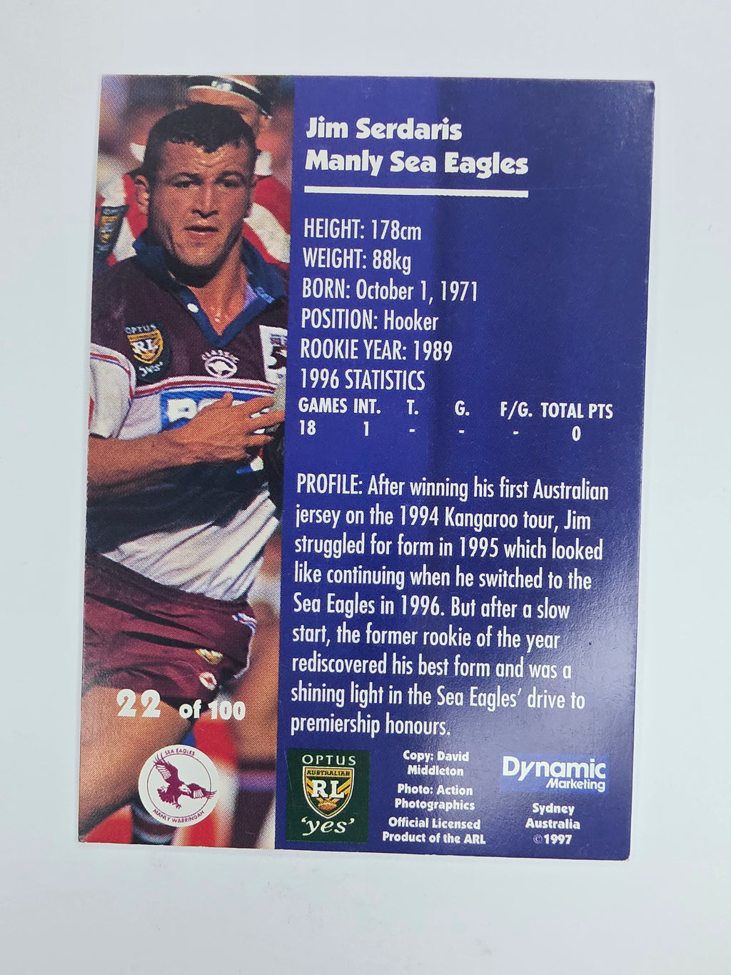 1997 Dynamic Fatty  Fun Pack Base Card #22 Jim Sedaris Manly Warringah Sea Eagles