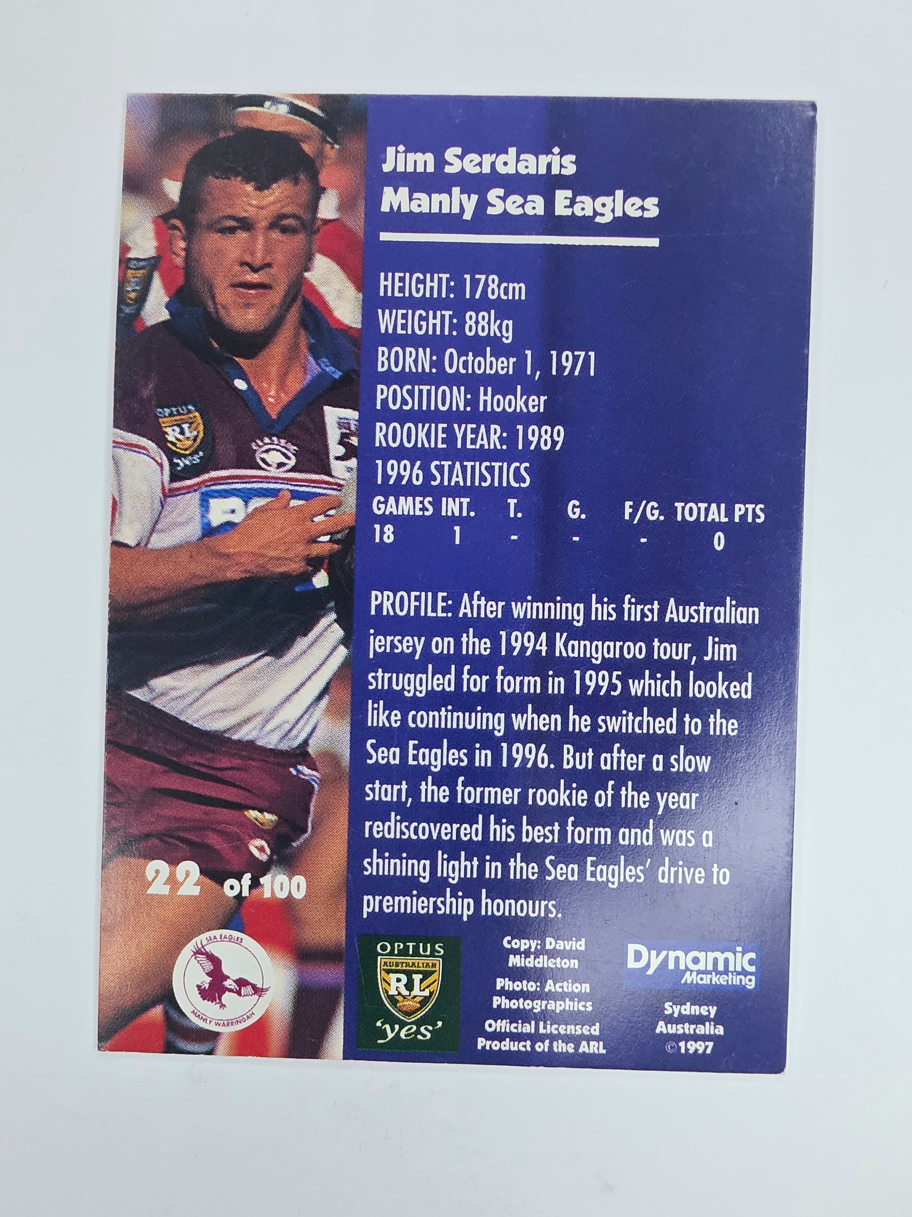 1997 Dynamic Fatty  Fun Pack Base Card #22 Jim Sedaris Manly Warringah Sea Eagles