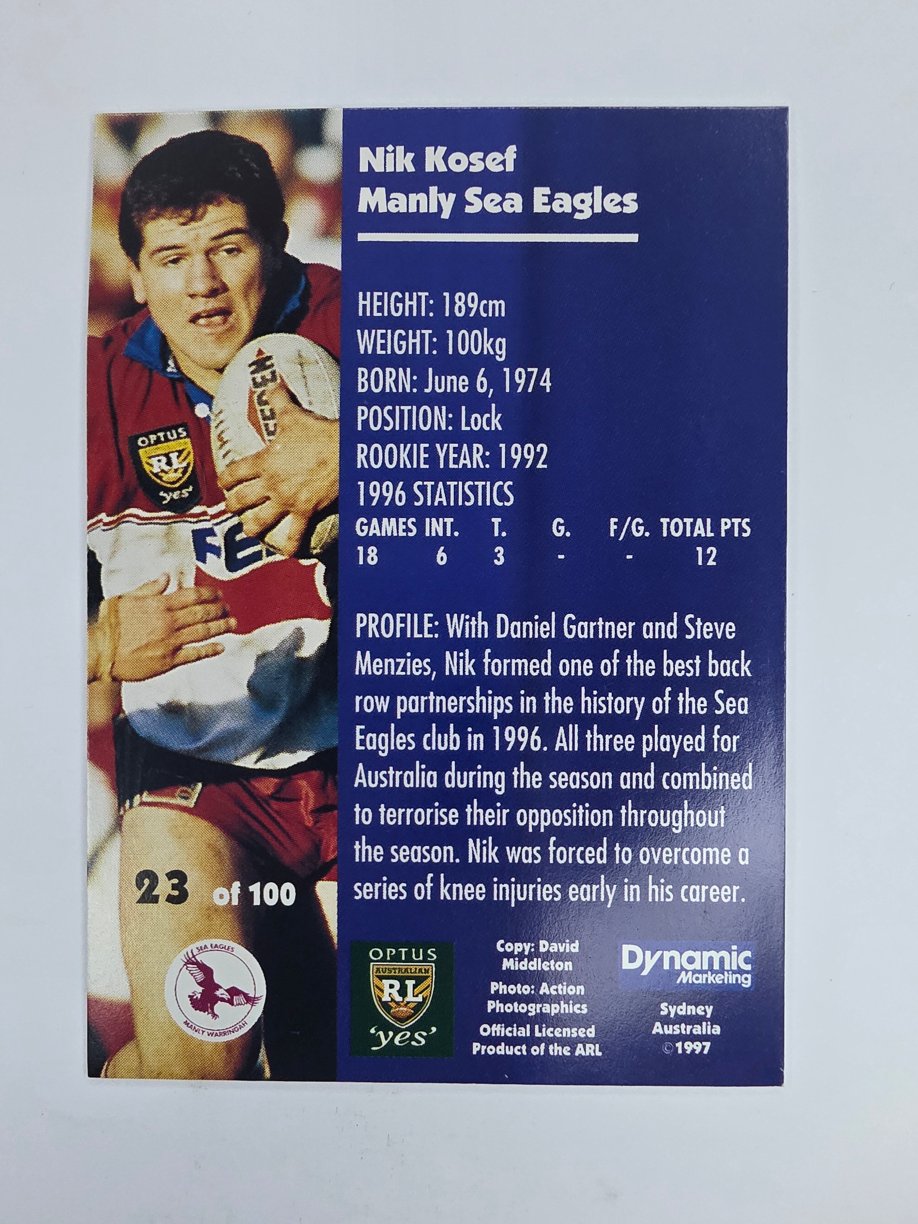 1997 Dynamic Fatty  Fun Pack Base Card #23 Nik Kosef Manly Warringah Sea Eagles