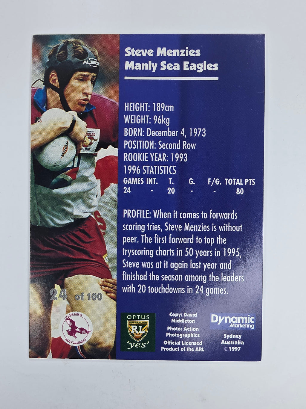 1997 Dynamic Fatty  Fun Pack Base Card #24 Steve Menzies Manly Warringah Sea Eagles