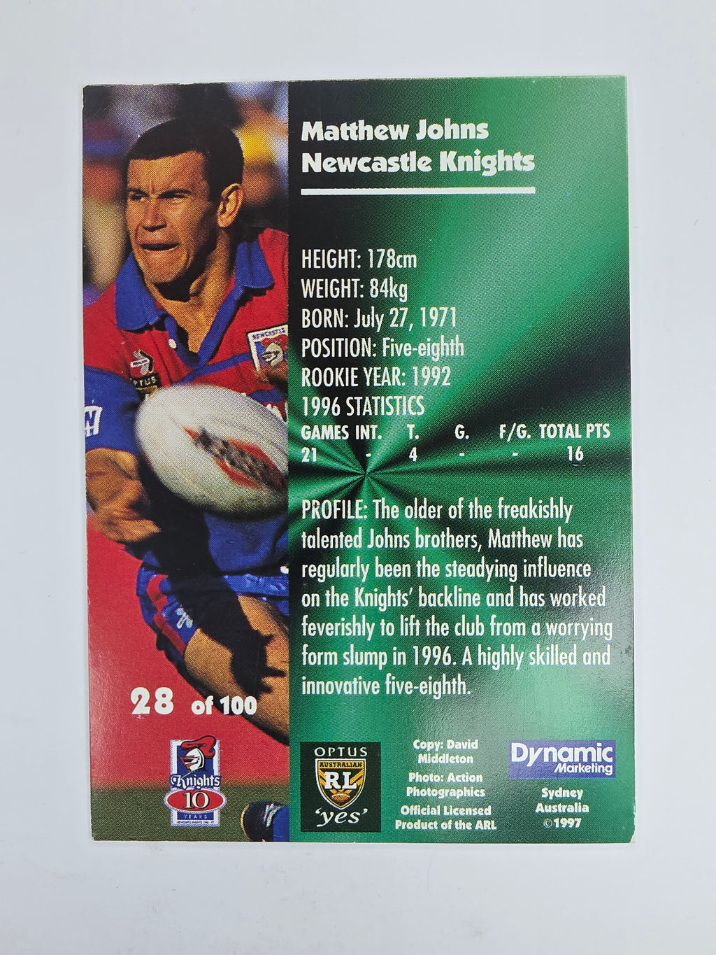 1997 Dynamic Fatty  Fun Pack Base Card #28 Matthew Johns Newcastle Knights