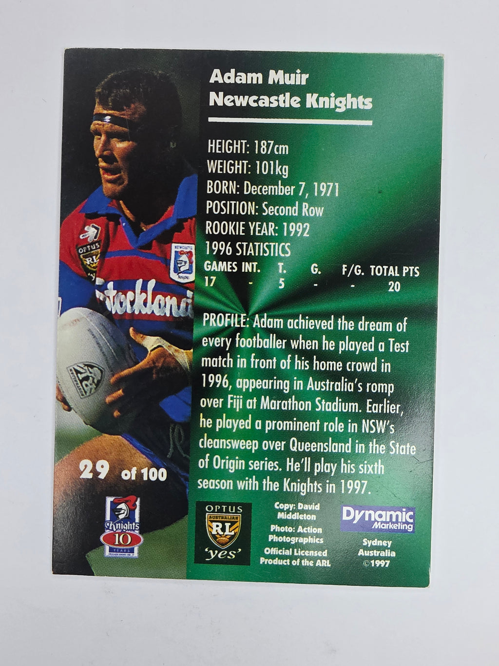 1997 Dynamic Fatty  Fun Pack Base Card #29 Adam Muir Newcastle Knights