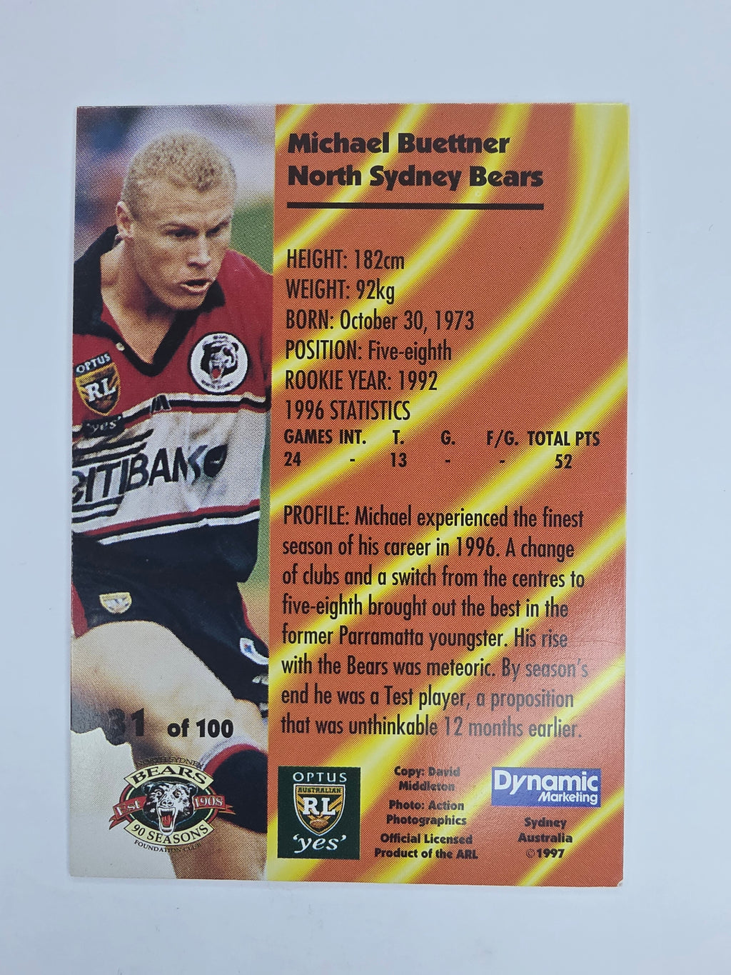 1997 Dynamic Fatty  Fun Pack Base Card #31 Michael Buettner North Sydney Bears
