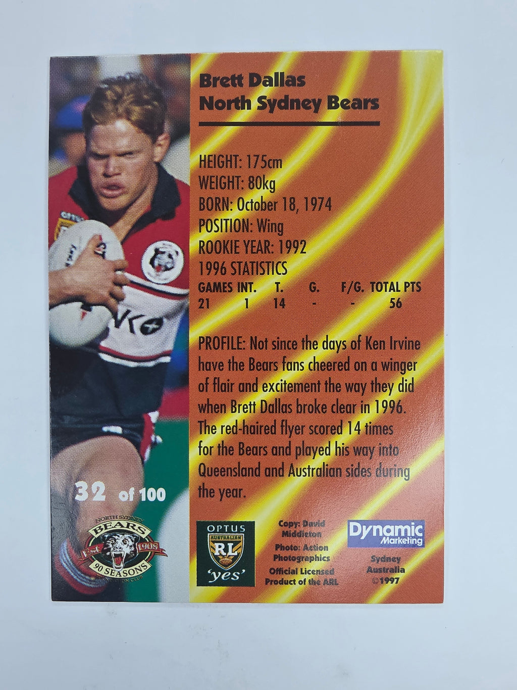 1997 Dynamic Fatty  Fun Pack Base Card #32 Brett Dallas North Sydney Bears