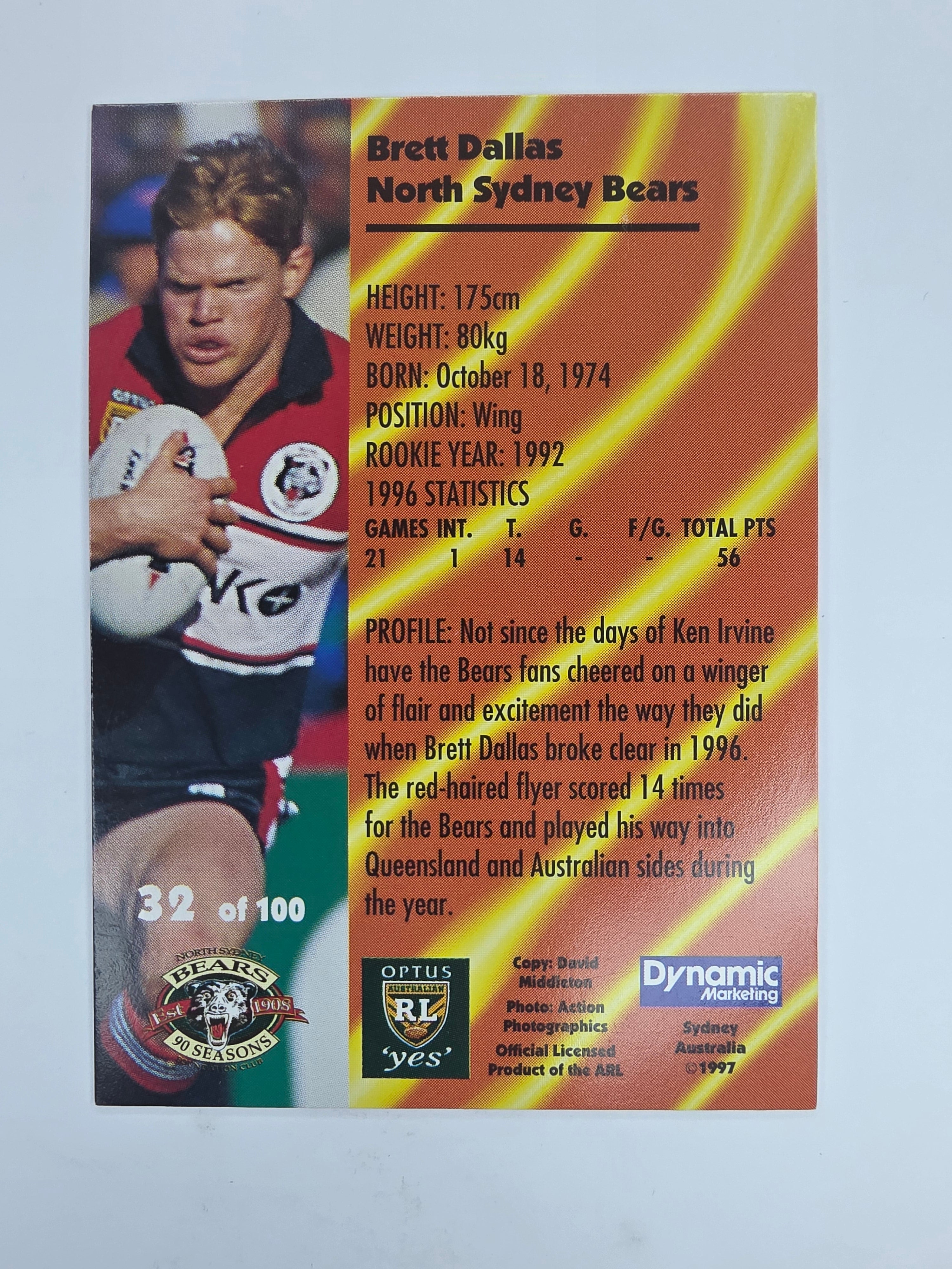 1997 Dynamic Fatty  Fun Pack Base Card #32 Brett Dallas North Sydney Bears