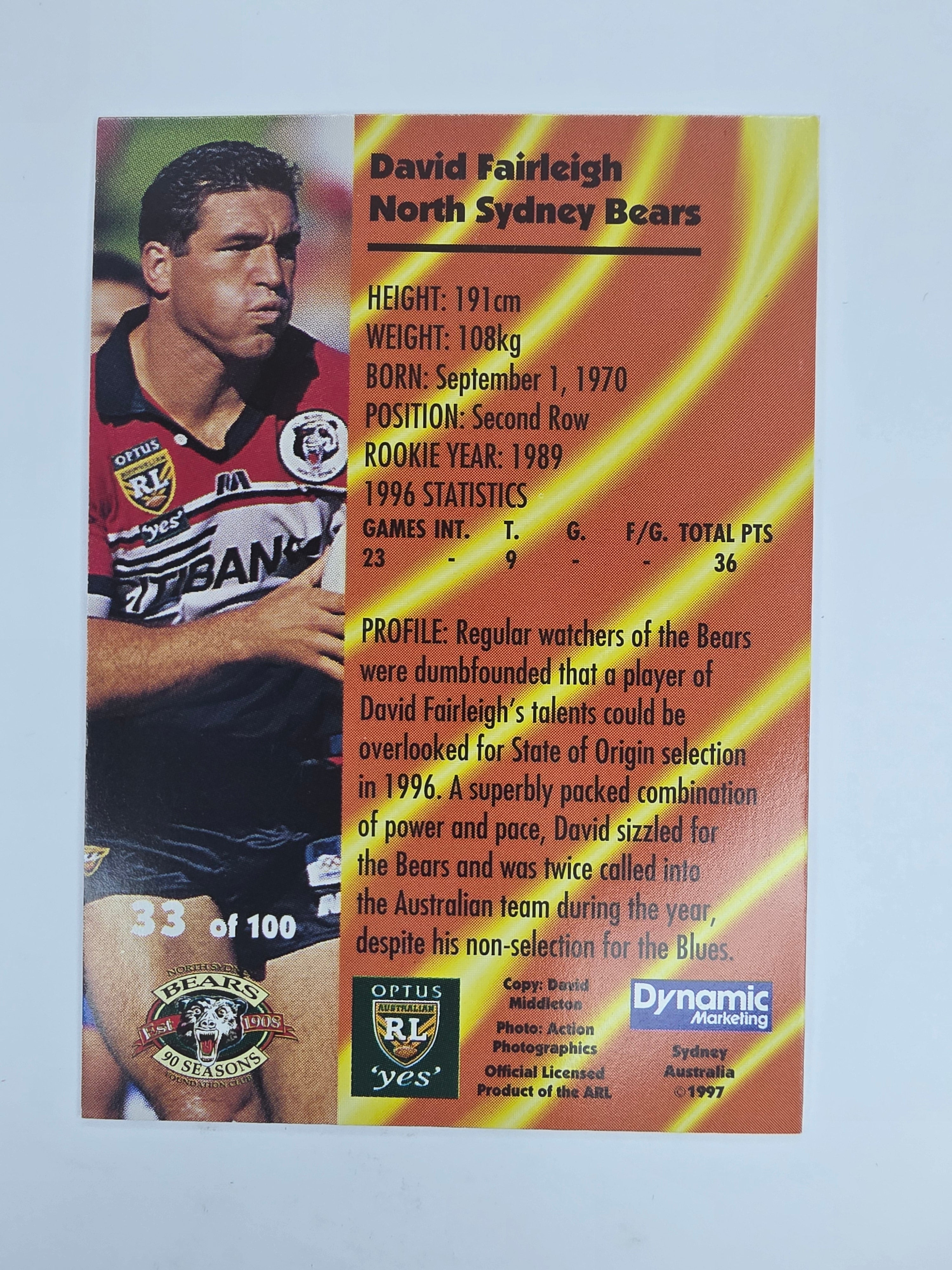 1997 Dynamic Fatty  Fun Pack Base Card #33 David Fairleigh North Sydney Bears