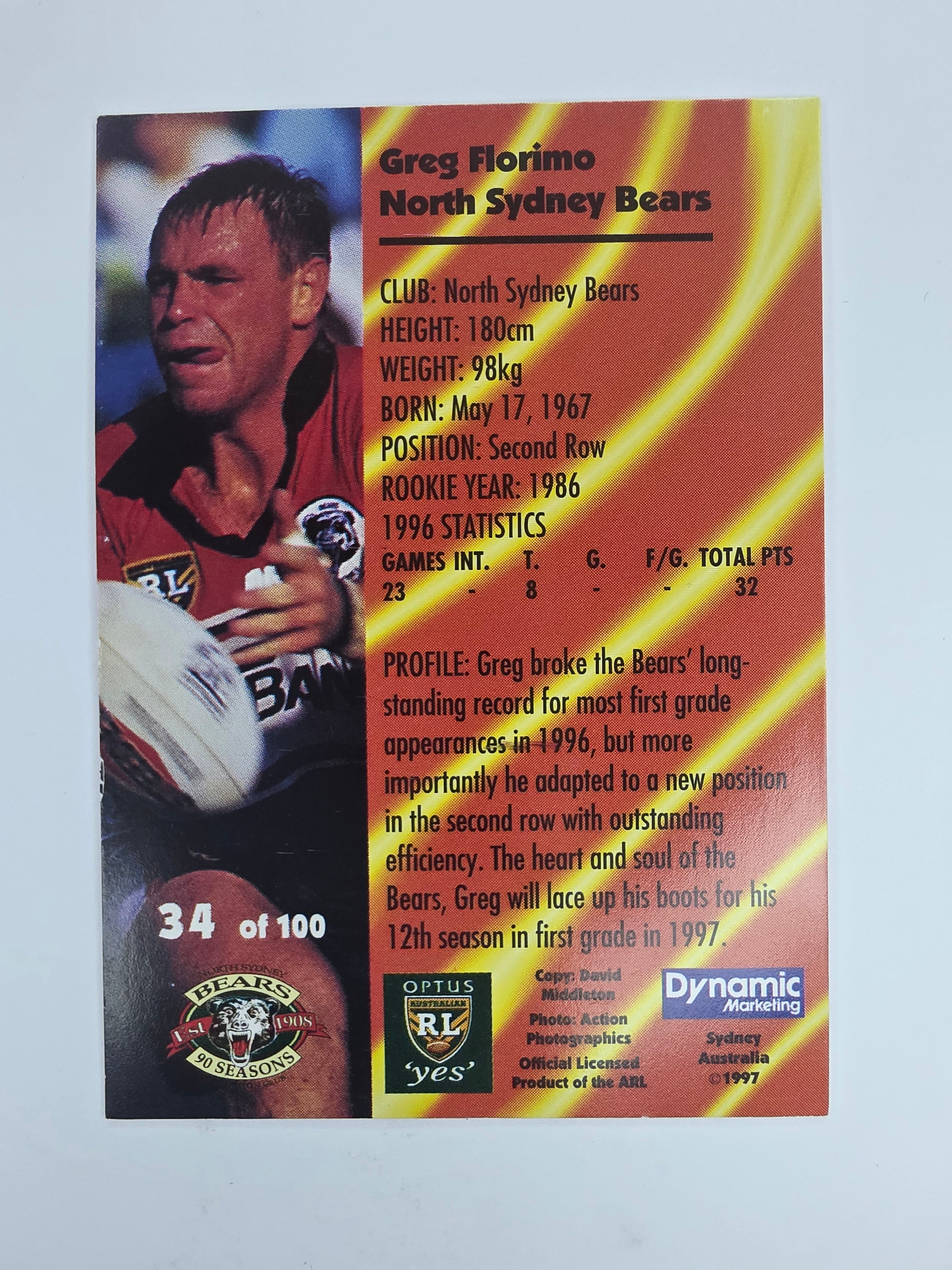 1997 Dynamic Fatty  Fun Pack Base Card #34 Greg Florimo North Sydney Bears