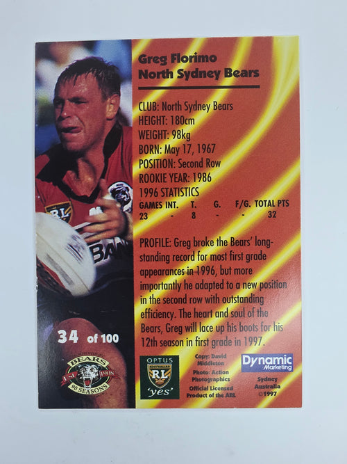 1997 Dynamic Fatty  Fun Pack Base Card #34 Greg Florimo North Sydney Bears