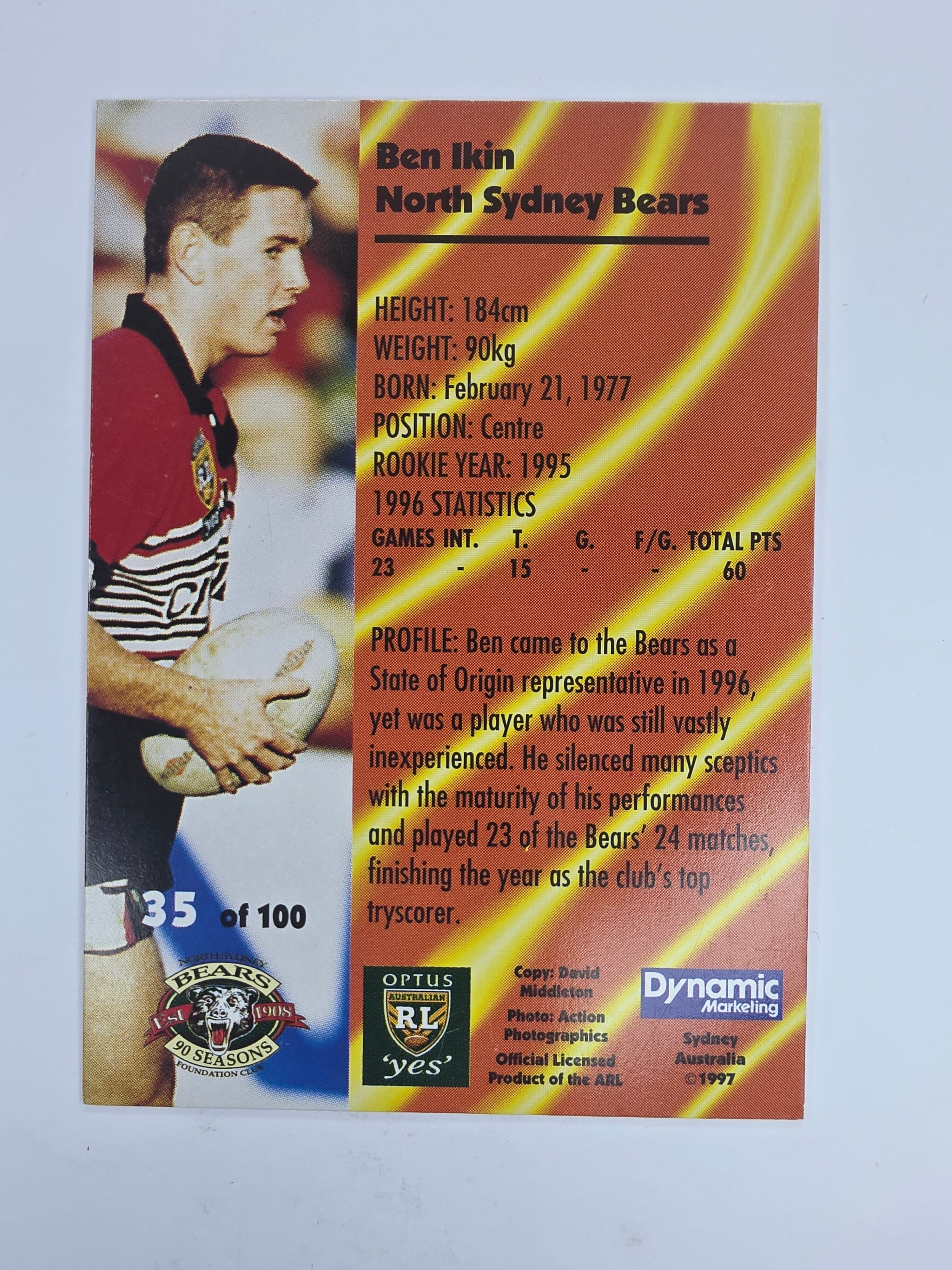 1997 Dynamic Fatty  Fun Pack Base Card #35 Ben Ikin North Sydney Bears