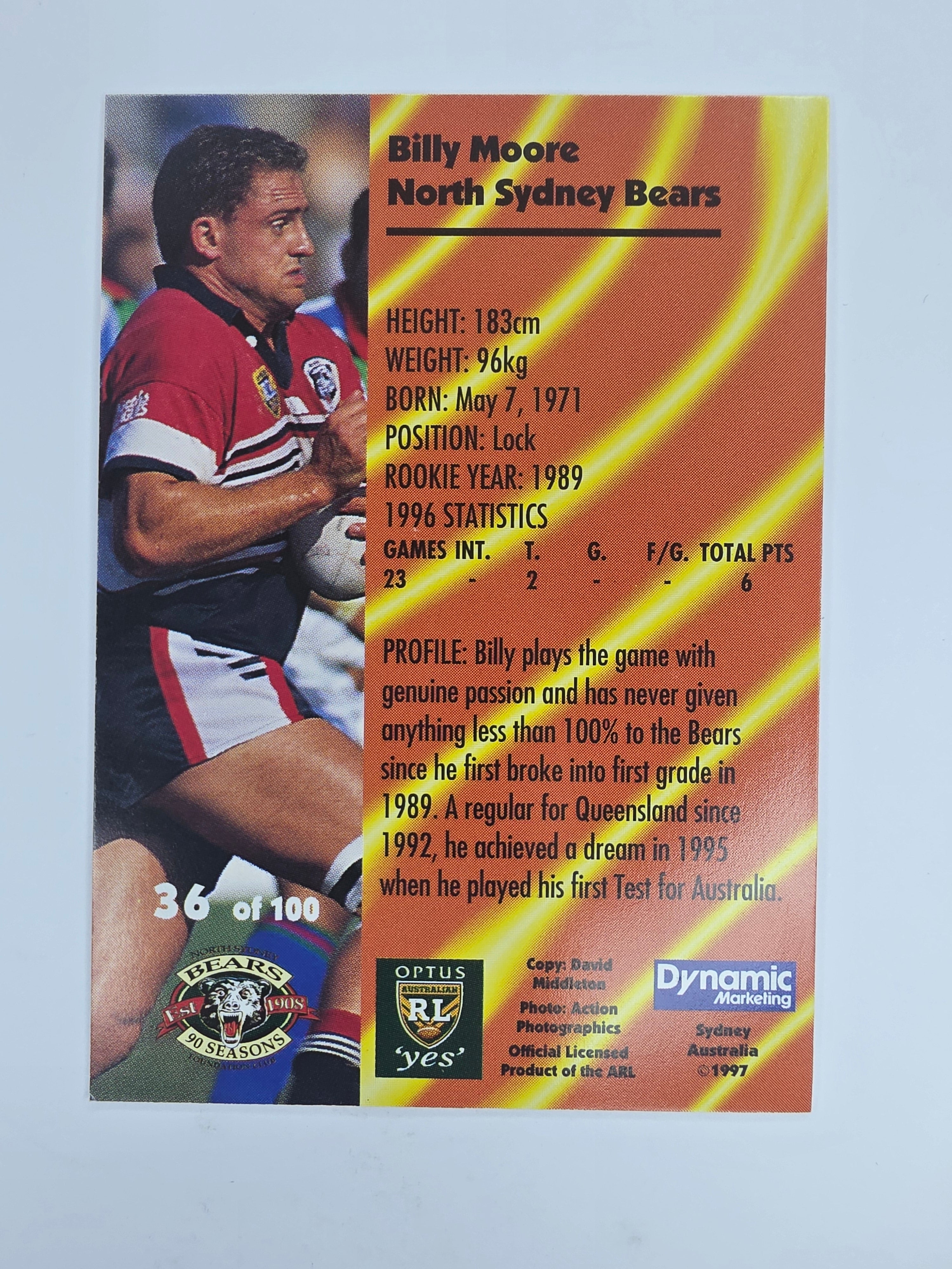 1997 Dynamic Fatty  Fun Pack Base Card #36 Billy Moore North Sydney Bears