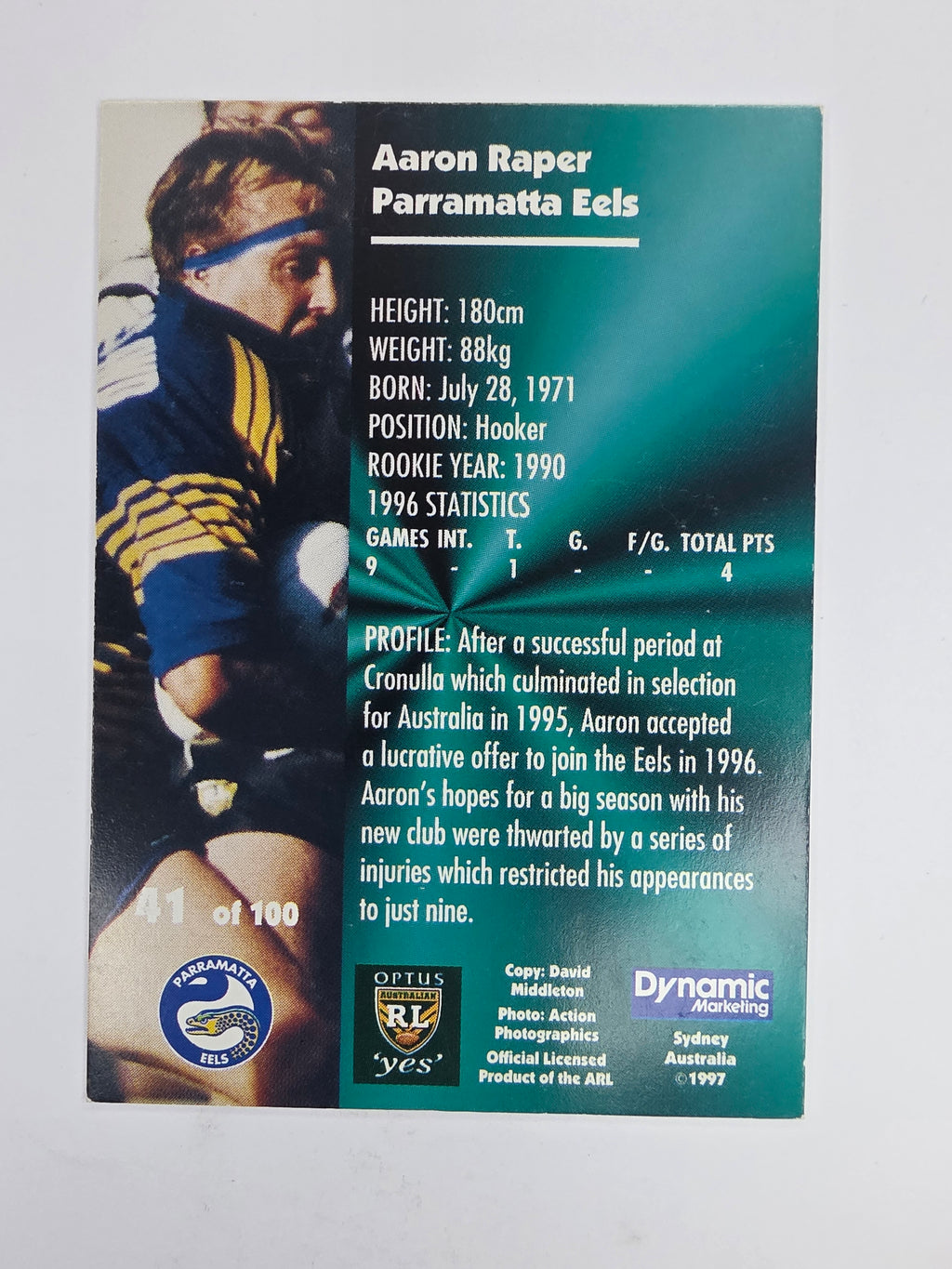 1997 Dynamic Fatty  Fun Pack Base Card #41 Aaron Raper Parramatta Eels