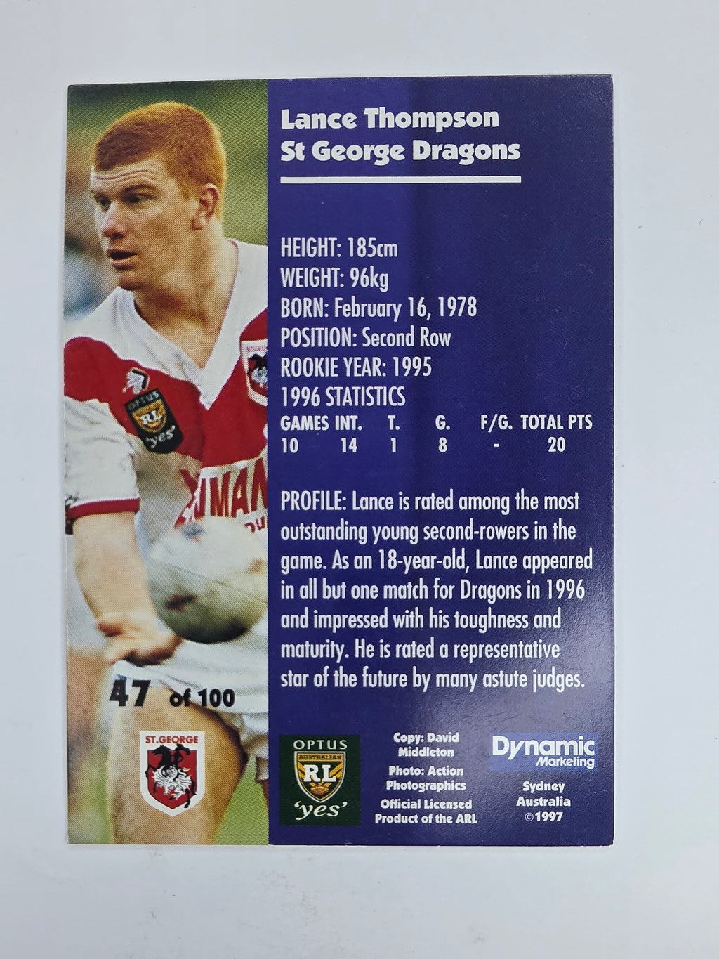 1997 Dynamic Fatty  Fun Pack Base Card #47 Lance Thompson St George Dragons
