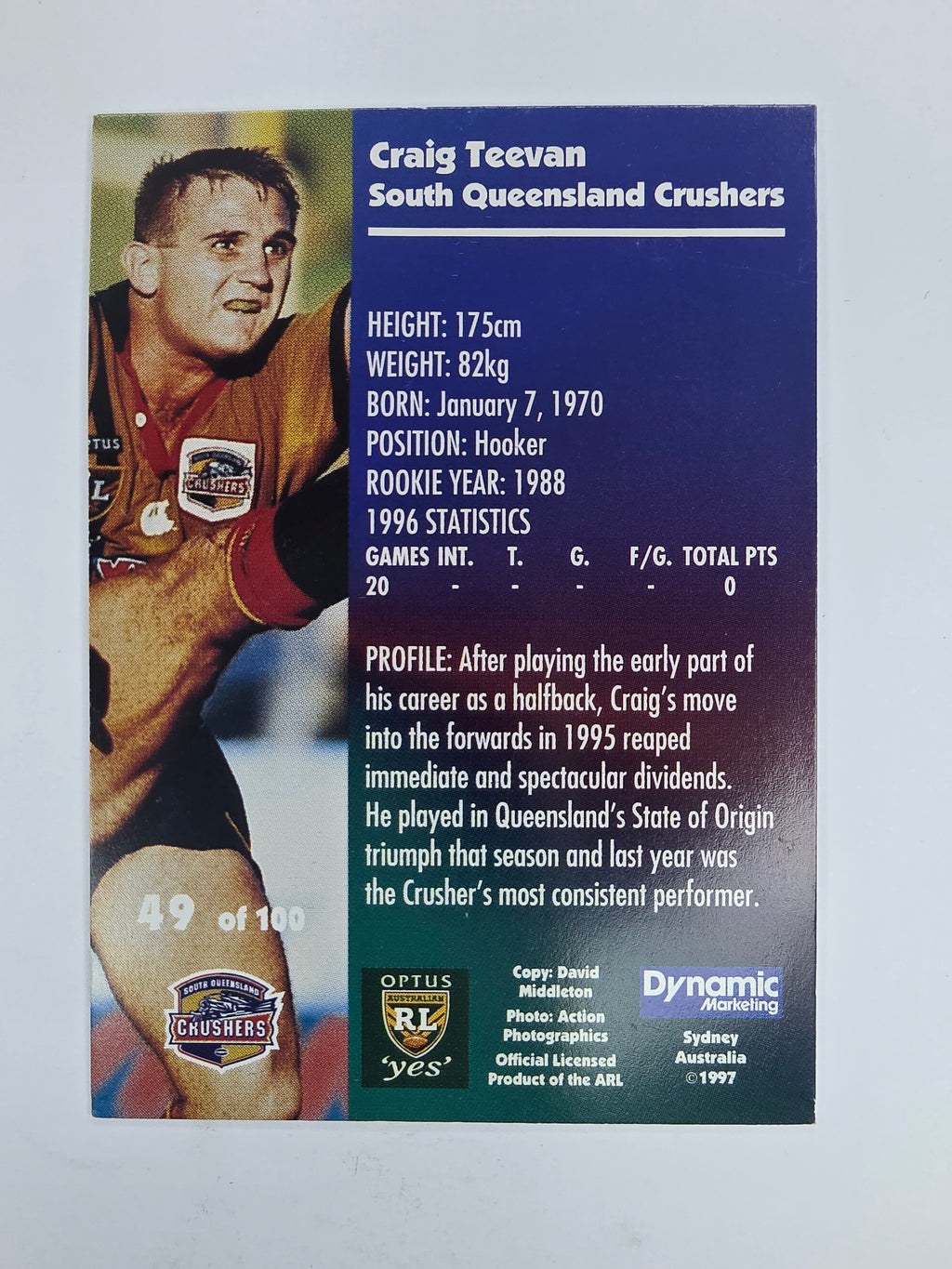 1997 Dynamic Fatty  Fun Pack Base Card #49 Craig Teevan South Queensland Crushers