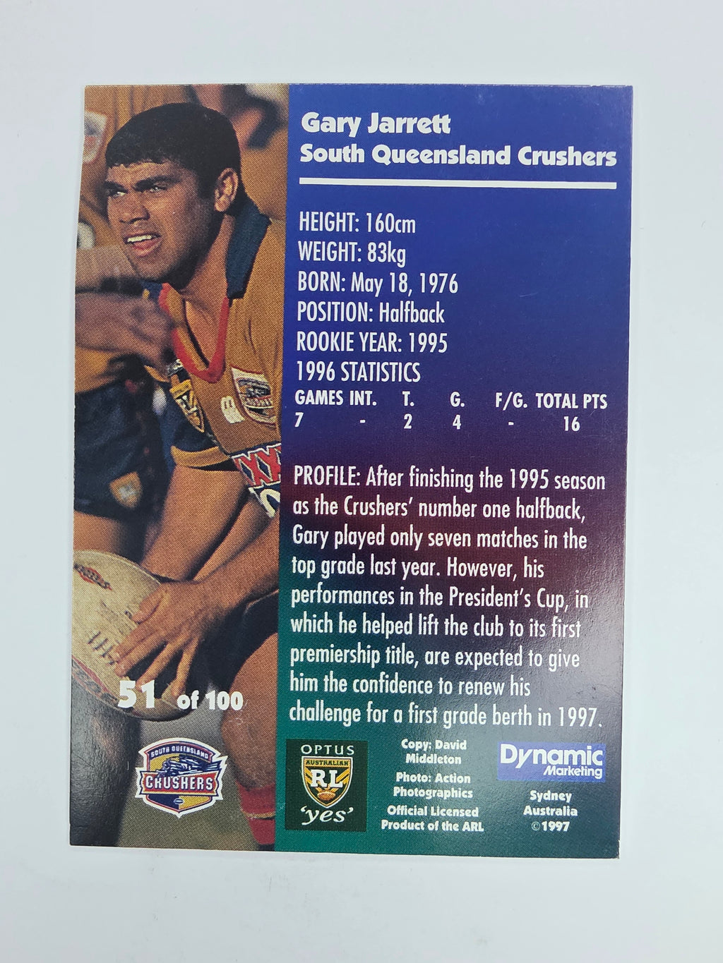 1997 Dynamic Fatty  Fun Pack Base Card #51 Gary Jarrett South Queensland Crushers