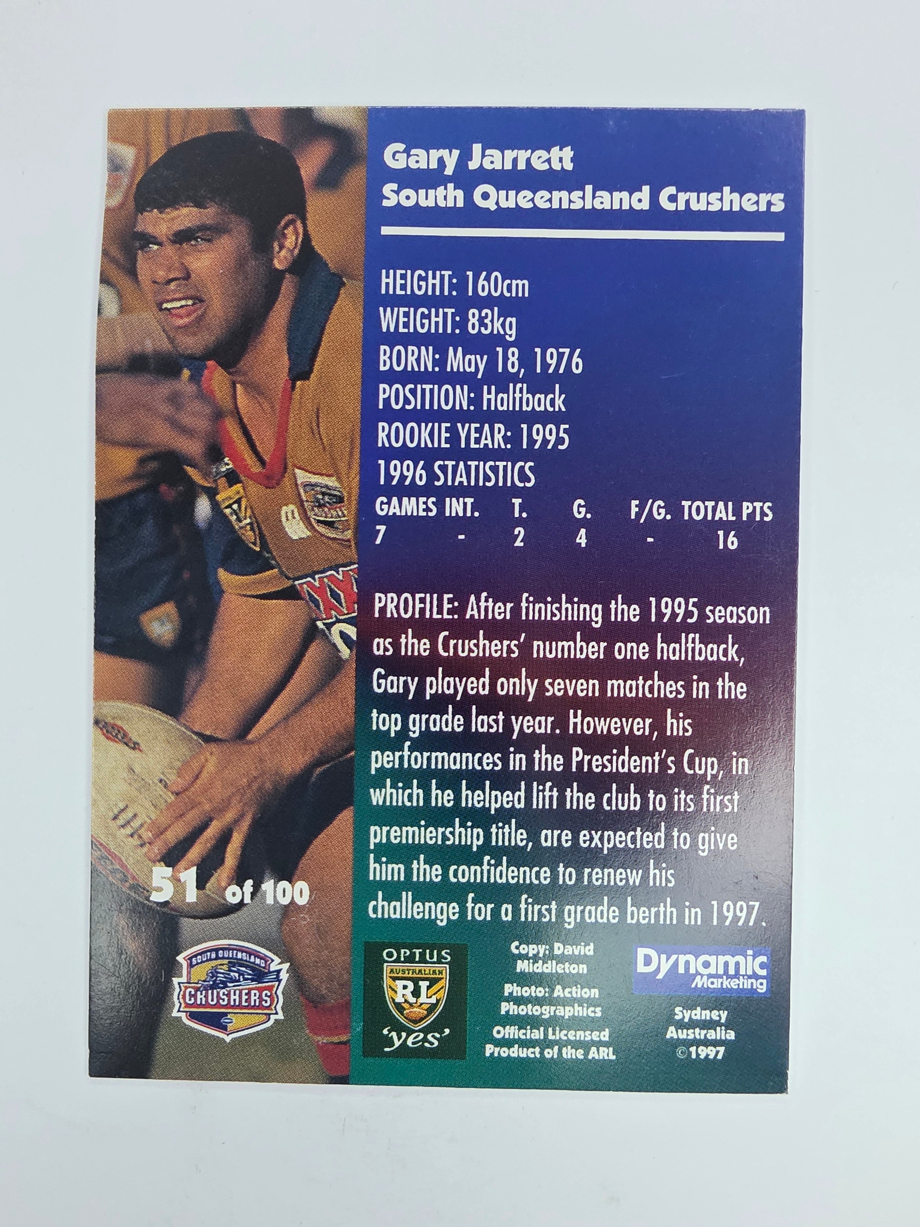 1997 Dynamic Fatty  Fun Pack Base Card #51 Gary Jarrett South Queensland Crushers