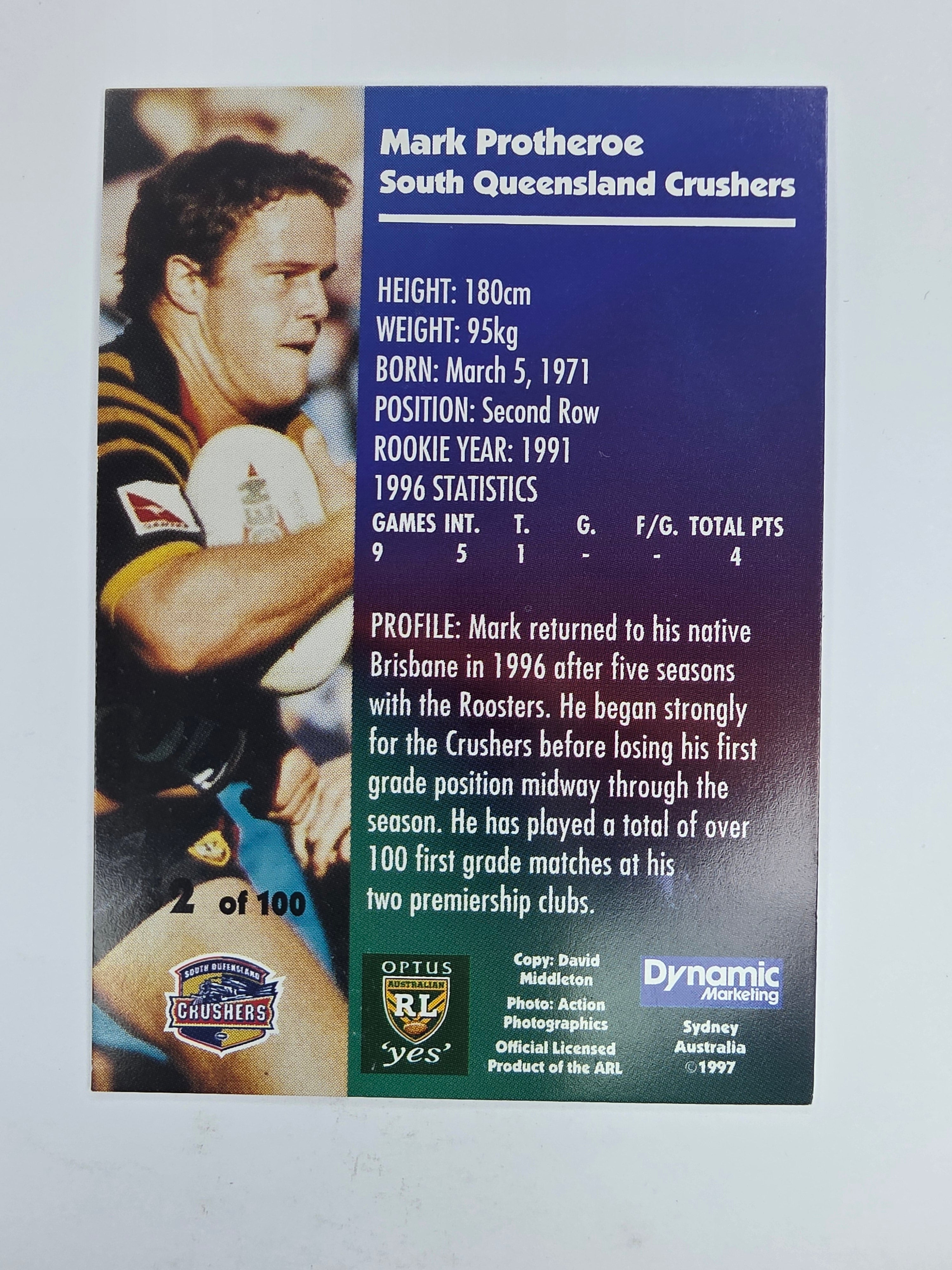 1997 Dynamic Fatty  Fun Pack Base Card #52 Mark Protheroe South Queensland Crushers